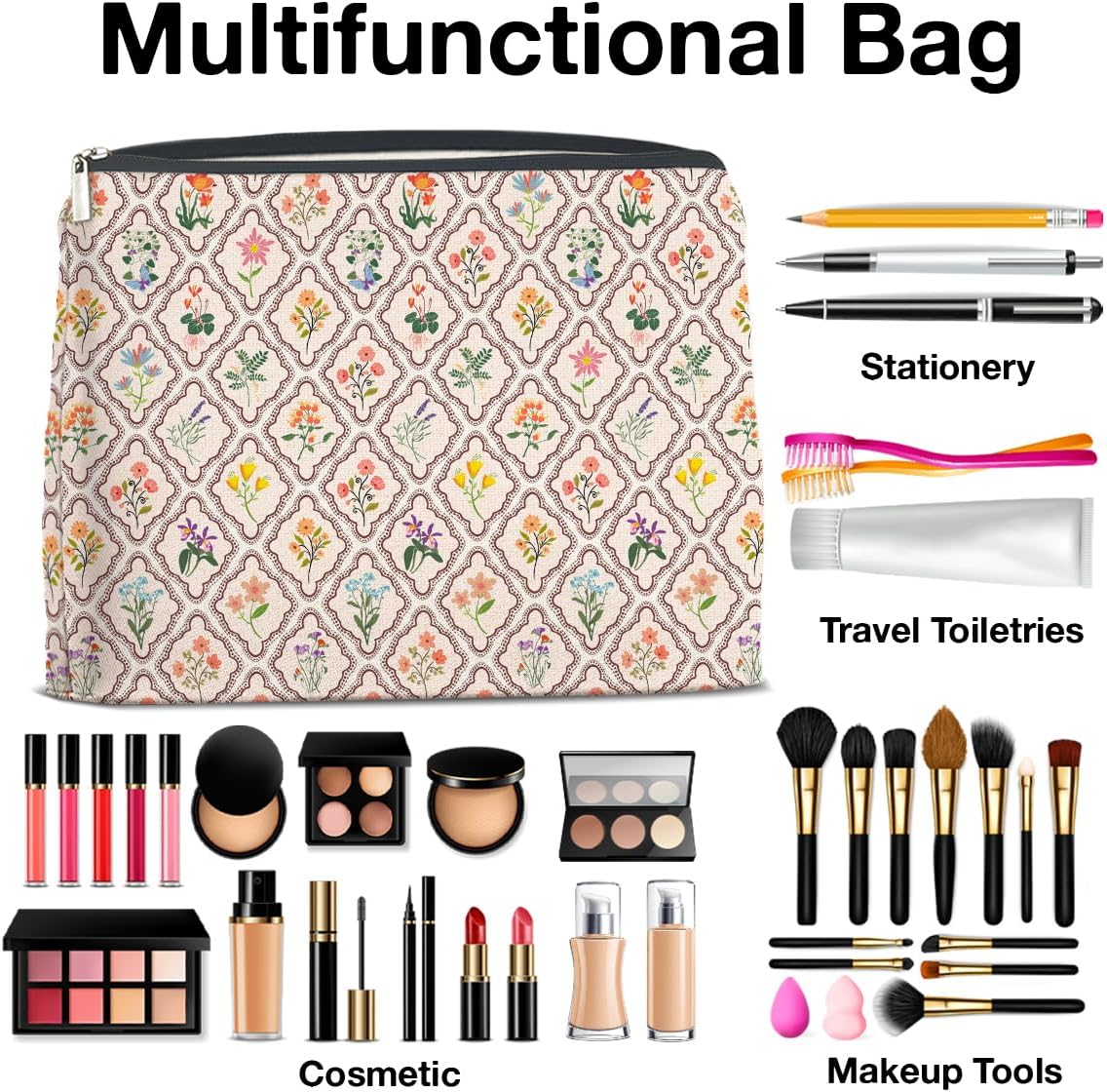 Aesthetic Floral Makeup Bag Gifts for Women Cute Flowers Cosmetic Bag Zipper Pouch