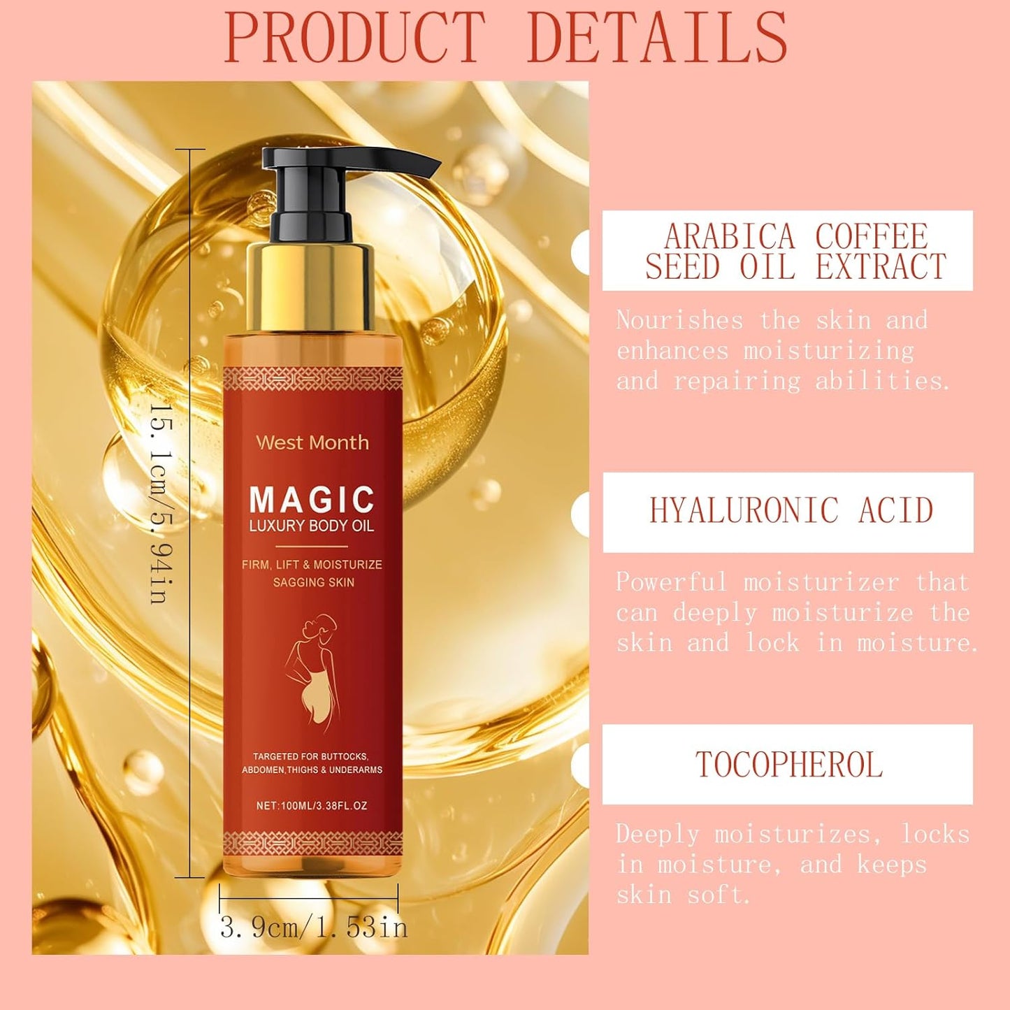 Magic Body Firming Oil – Full Body Use, Hydrating and Firming Skin Oil for Arms, Chest, and Thighs – with Vitamin E, Rosehip