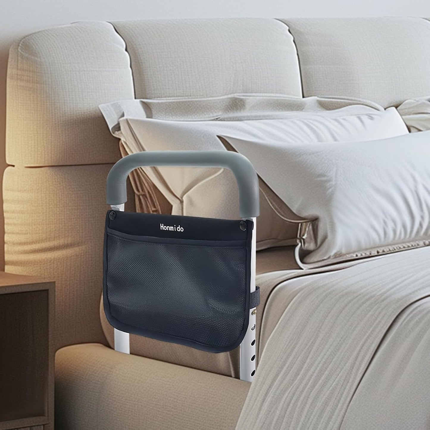 Bed Rails for Elderly Adults Safety Height Adjustable Bed Assist Rail for Seniors Bedside Fall Prevent Grab Bar with Storage Pocket Fits King Queen Full Twin Bed(Light Grey Handle)