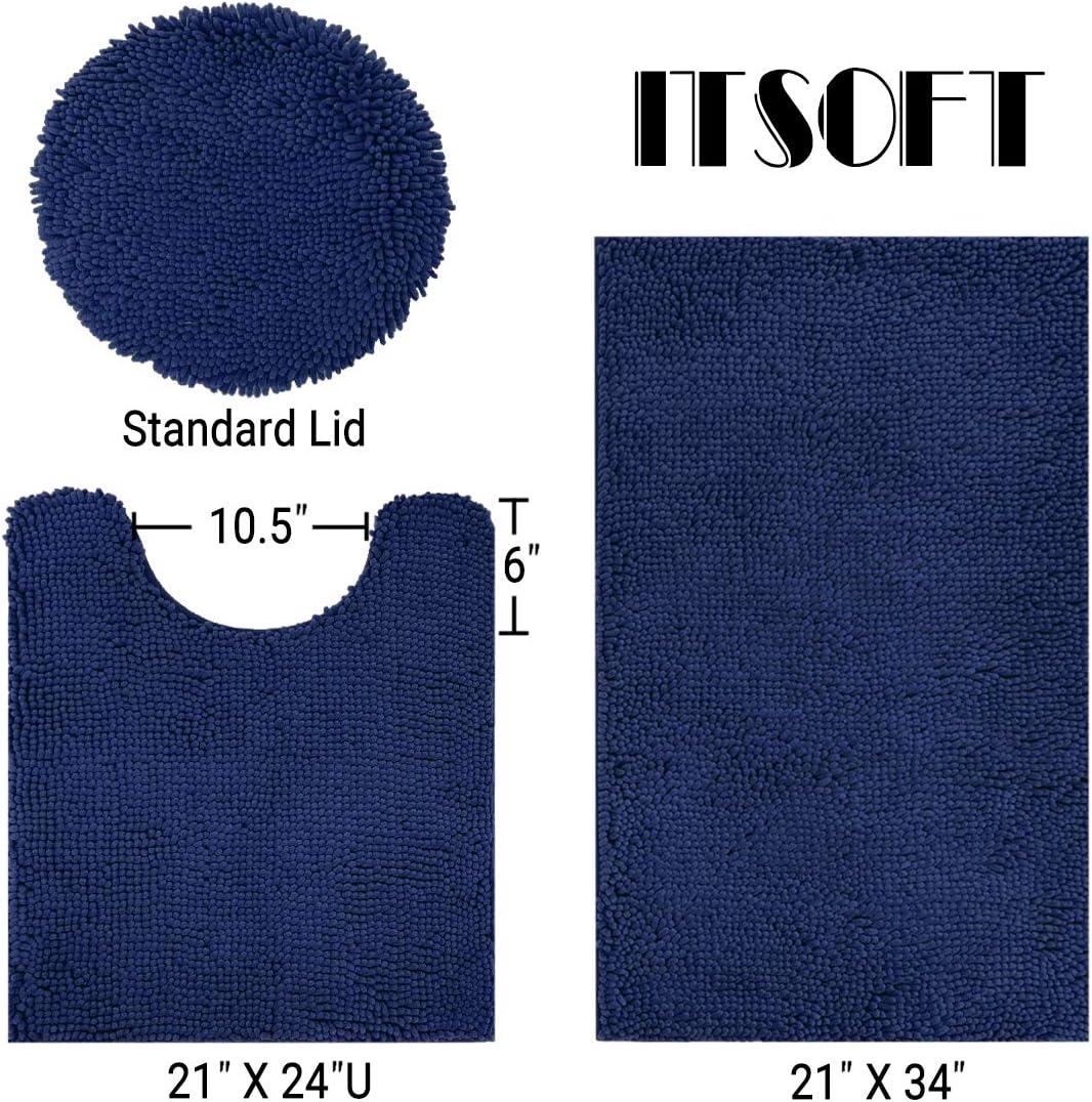 ITSOFT 3pc Non-Slip Shaggy Chenille Bathroom Mat Set, Includes 24 x 21 Inches U-Shaped Contour Toilet Rug, 34 x 21 Inches Bathmat and 1 Toilet Lid Cover, Navy Blue