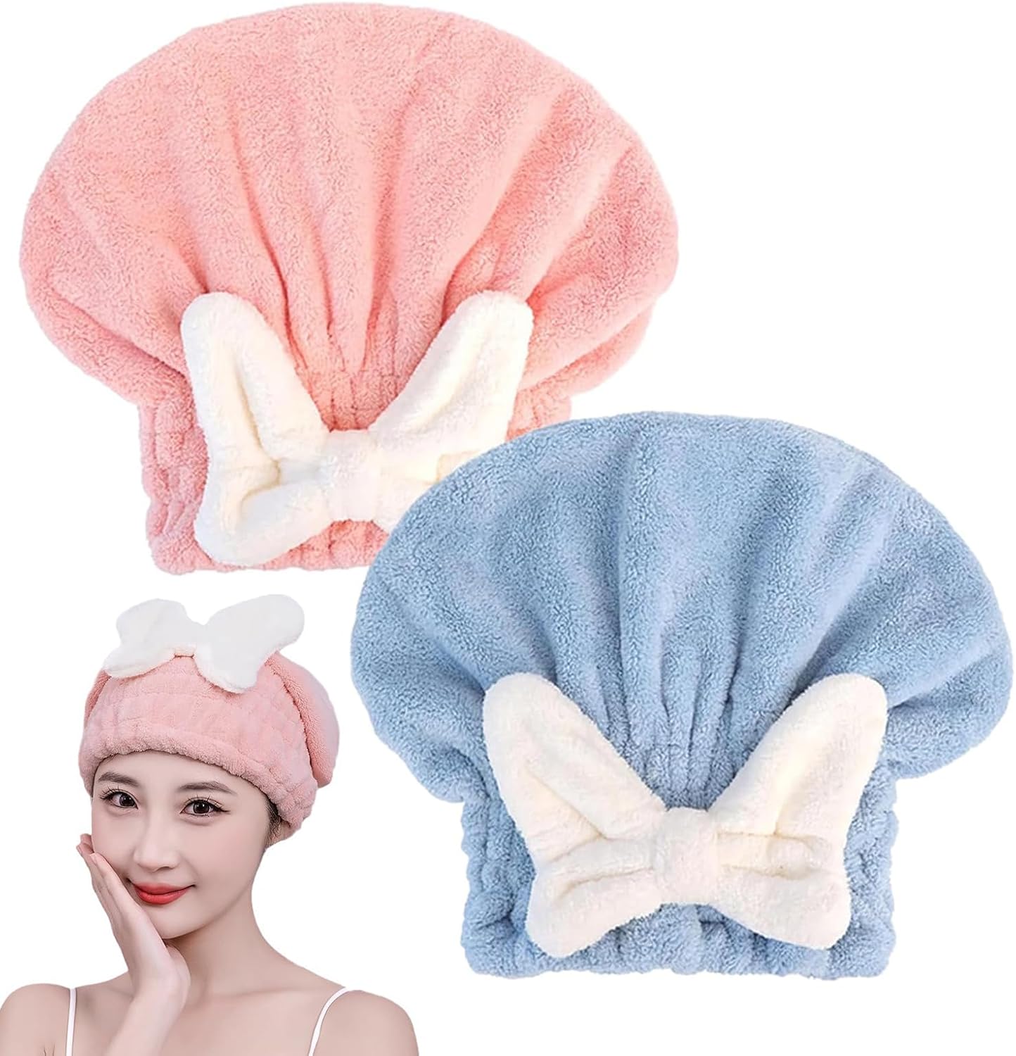 2Pcs Ultra Absorbent Hair Quick Drying Towel for Women Girls New Microfiber Hair Towel Wrap Dry Turban Soft Bow Tie Plopping Head Towels Shower Cap for Kids (Pink+Blue)