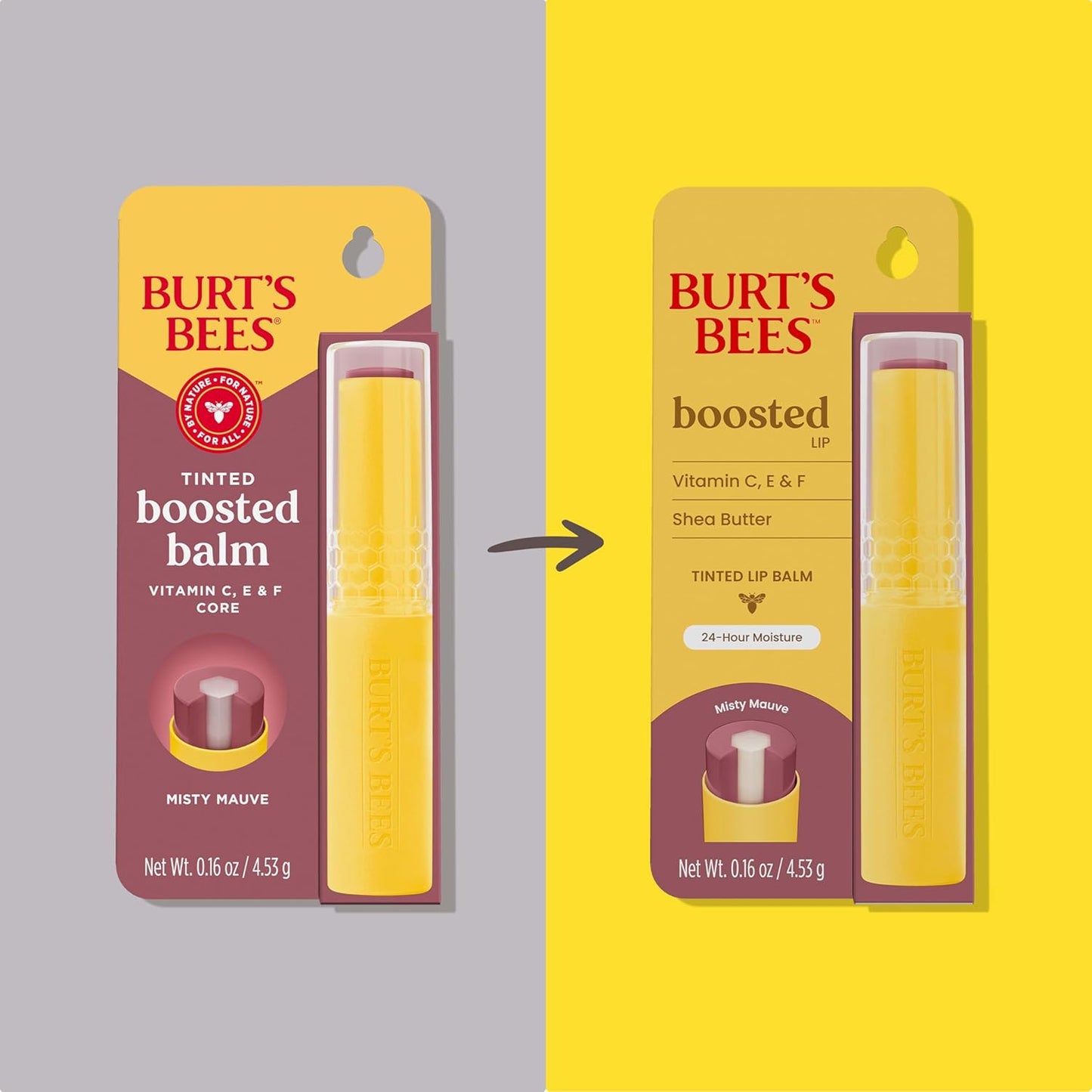 Burt's Bees Tinted Boosted Balm, Misty Mauve, Hydrating Tinted Lip Balm with Vitamin C, E, and F Core, 24 Hour Lip Moisturizer with Responsibly Sourced Beeswax, 100% Natural Origin, 1 Count, 0.16oz