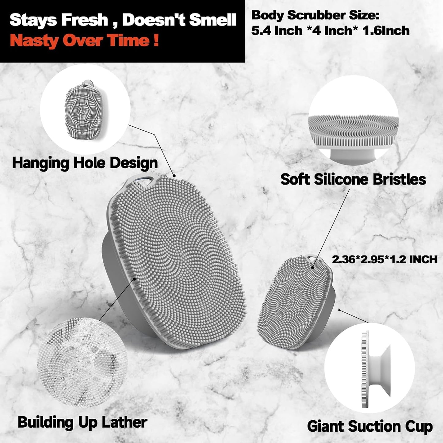 Soft Silicone Body Scrubber, Gentle Like a Hand Exfoliating Your Skin and Build Up Lather, Back Large Suction Cup Easy to Store, & Deep Clean (Body Scrubber + Face Scrubber Gray)