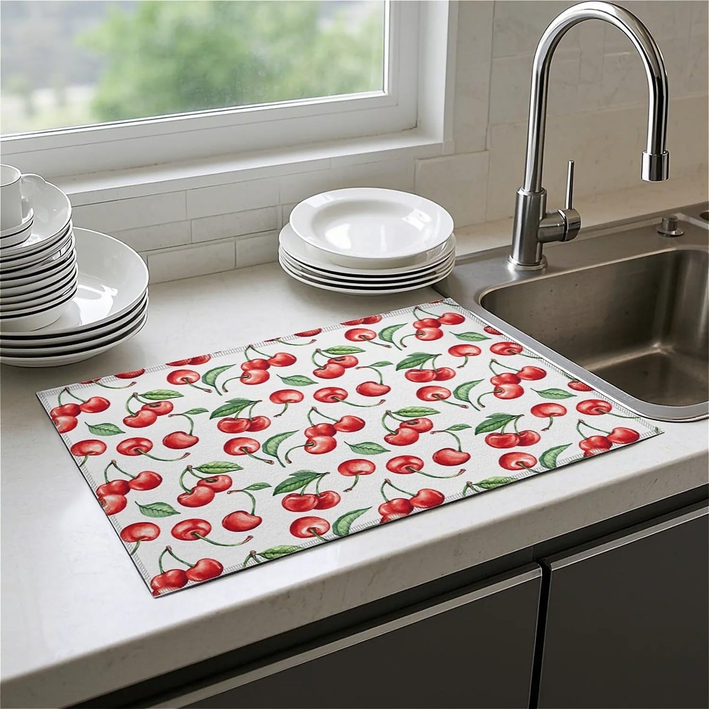 Dish Drying Mat For Kitchen Counter, Cherry Leaf Microfiber Absorbent Dish Drainer Rack Pad Reusable Large 18x24in Drying Mat