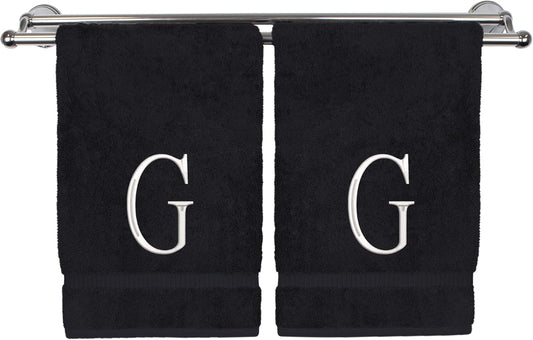 Monogrammed Hand Towel, Personalized Initial Gift, Extra Absorbent 100% Turkish Cotton - Soft Terry Finish - Set of 2 - White Block Initial G - Embroidered on Black Towels