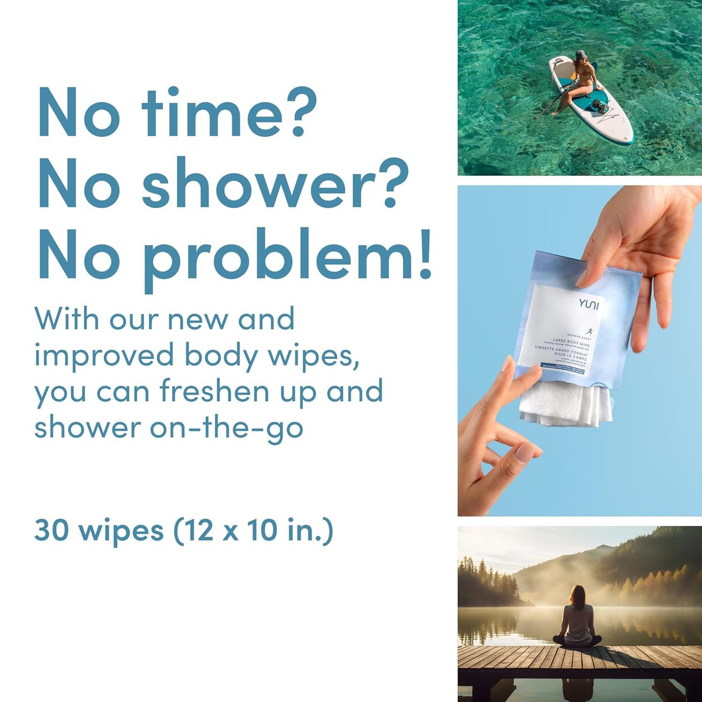 YUNI Beauty Large Body Wipes (Unscented, 12 Count) Super Soft Moist Showerless that Cleanse & Deodorize - On-the-Go Waterless Body Cleanser - Biodegradable Individually Wrapped Wipes for Travel