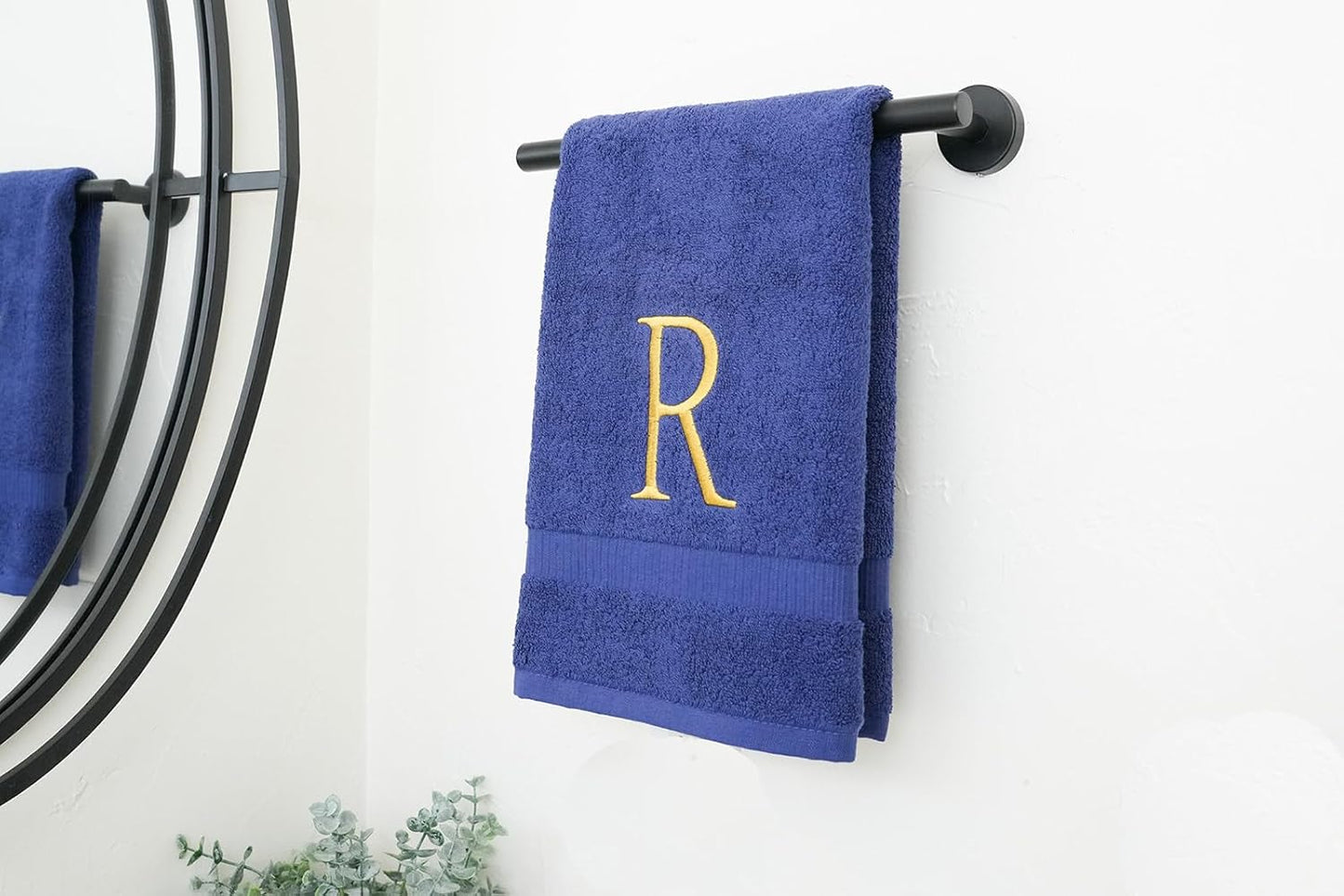 Gold and Navy Monogrammed Hand Towel - Monogram Initial Hotel Quality Decorative Embroidered Luxury Towel for Powder Room, Spa - GOTS Organic Certified - Pack of 2, Letter R