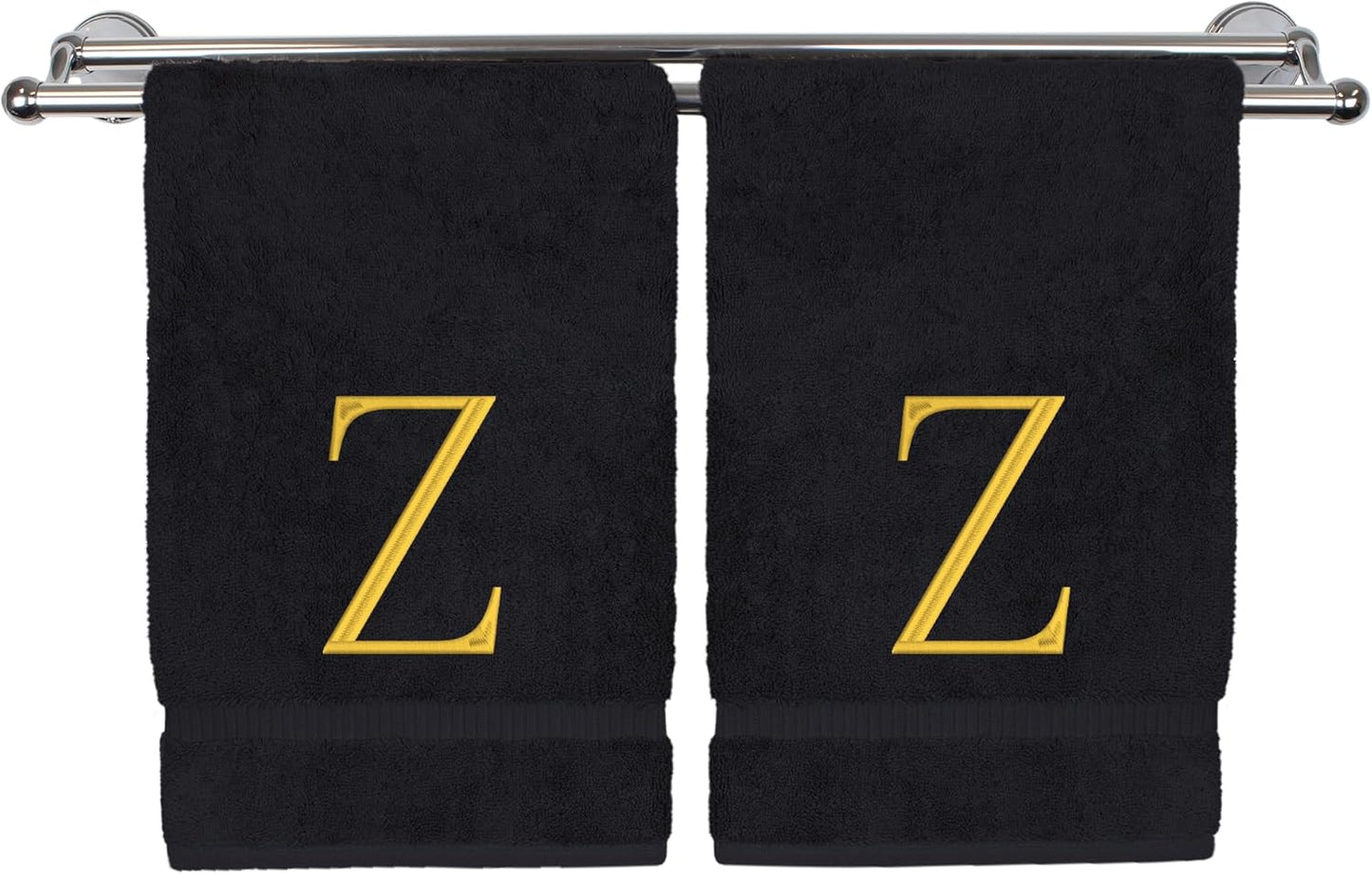 Monogrammed Hand Towel, Personalized Initial Gift, Extra Absorbent 100% Turkish Cotton - Soft Terry Finish - Set of 2 - Gold Block Initial Z - Embroidered on Black Towels
