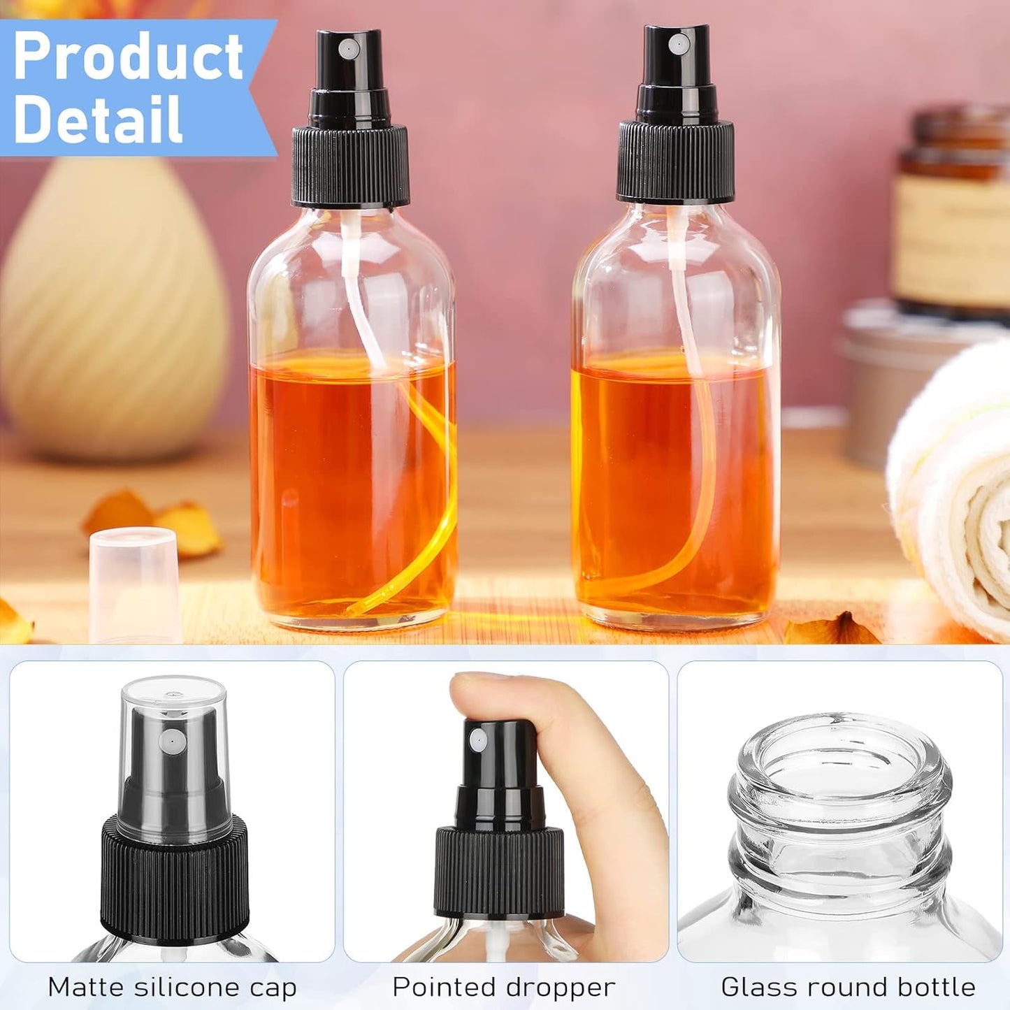 Nuogo 50 Pieces Mini Glass Spray Bottles Bulk 4 Oz Fine Mist Glass Bottles with Funnel Dropper and Cleaning Brush Refillable for Essential Oils, Perfumes and Aromatherapy(Transparent)