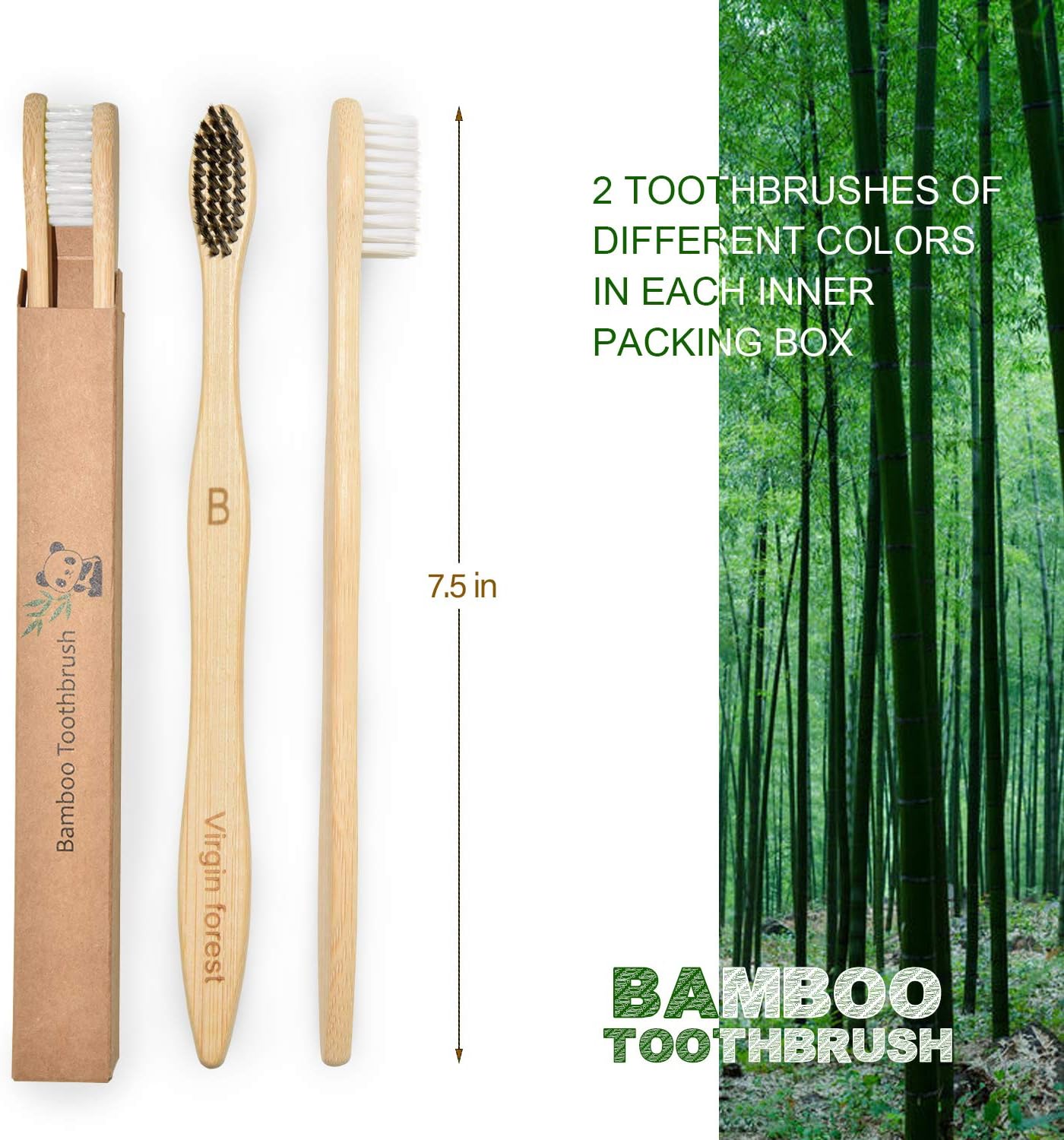 Virgin Forest Bamboo Toothbrushes, Eco Friendly BPA Free Soft Bristles Toothbrush, Biodegradable Natural Wooden Toothbrushes, Vegan Organic Bamboo Charcoal Tooth Brush for Sensitive Gums Set of 10