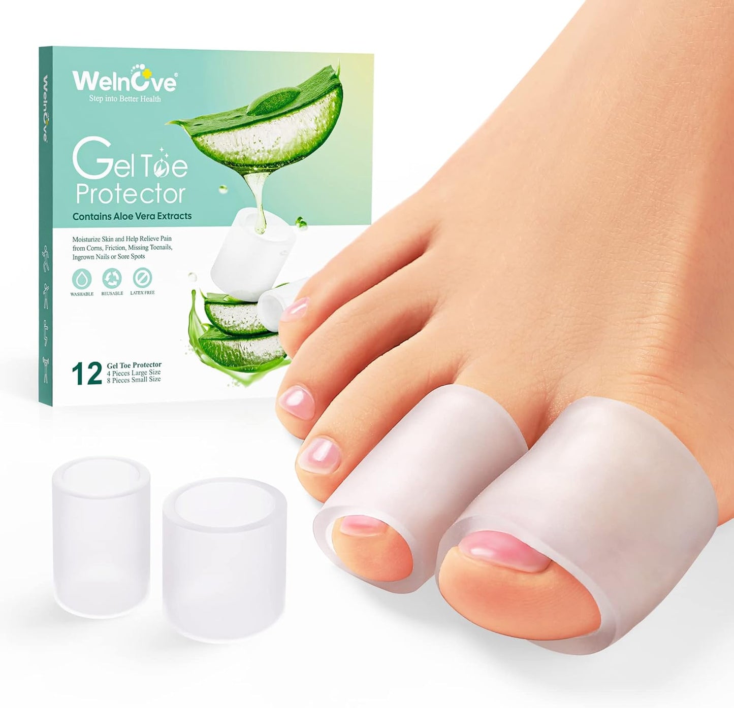 Welnove Toe Protectors – 12-Pack Aloe Vera Extract Infused Silicone Toe Sleeve Toe Covers for Hammer Toes, Corns, Calluses, Blisters – Soft Gel Protector Toe Cushions for Pain Relief (Multi-Size)