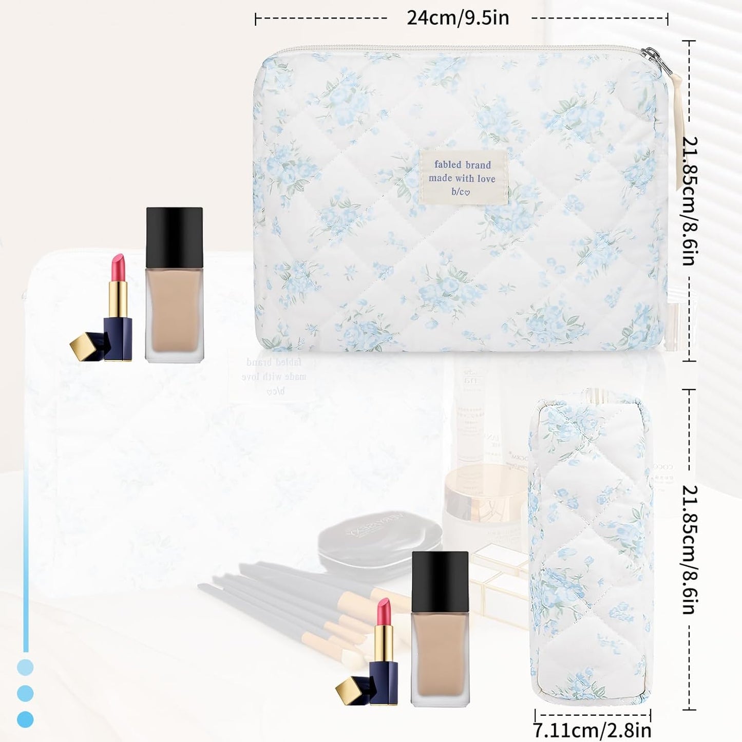 2PC Makeup Bag Set, Cute Cosmetic Bag for Women Girls, Floral Coquette Aesthetic Toiletry Bag, Travel Make Up Organizer Bag (Blue Rose)