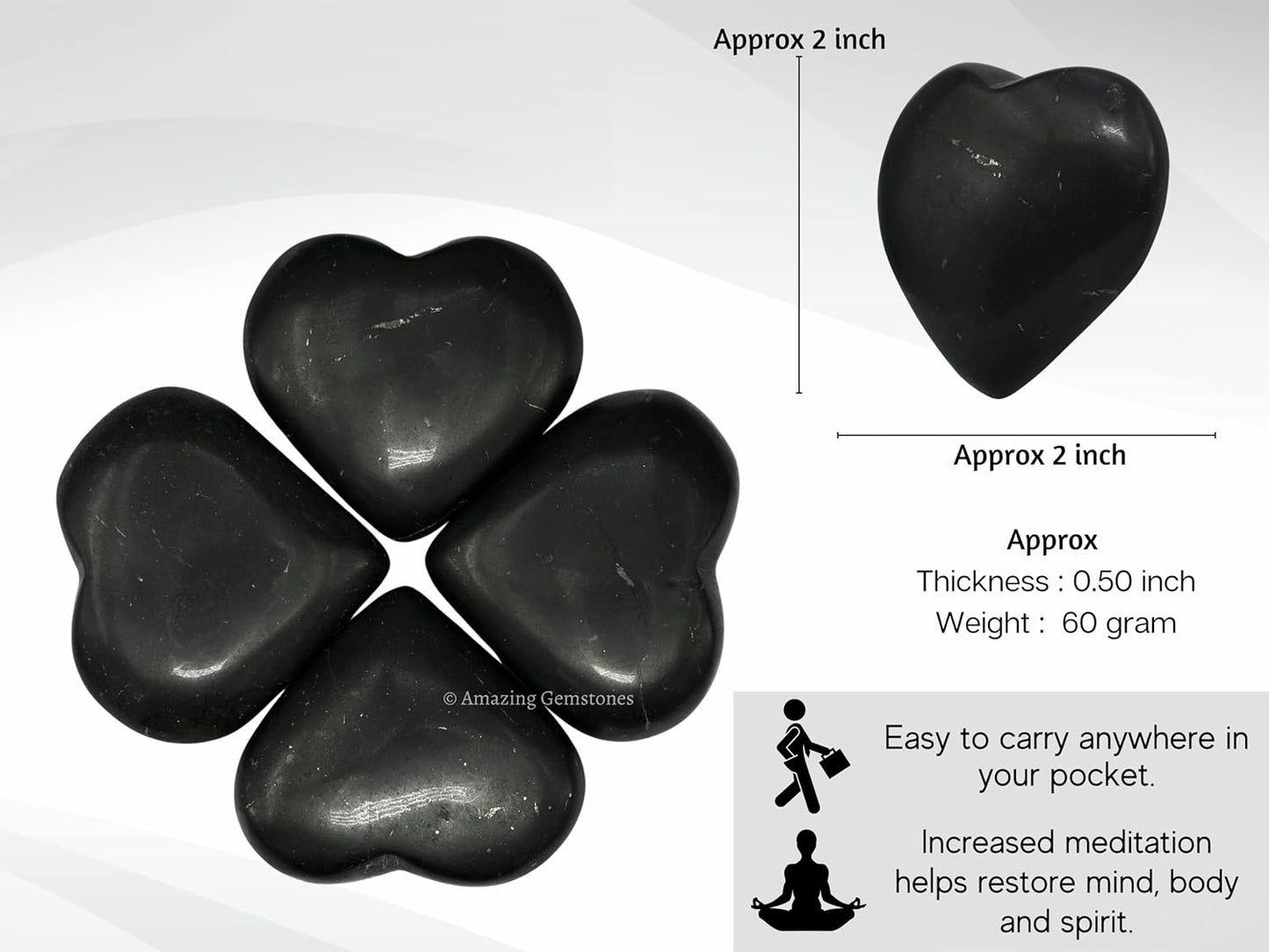 Amazing Gemstone Shungite Crystal Heart Palm Stone - Pocket Massage Worry Stone for Natural Body Chakra Balancing, Reiki Healing and Crystal Grid