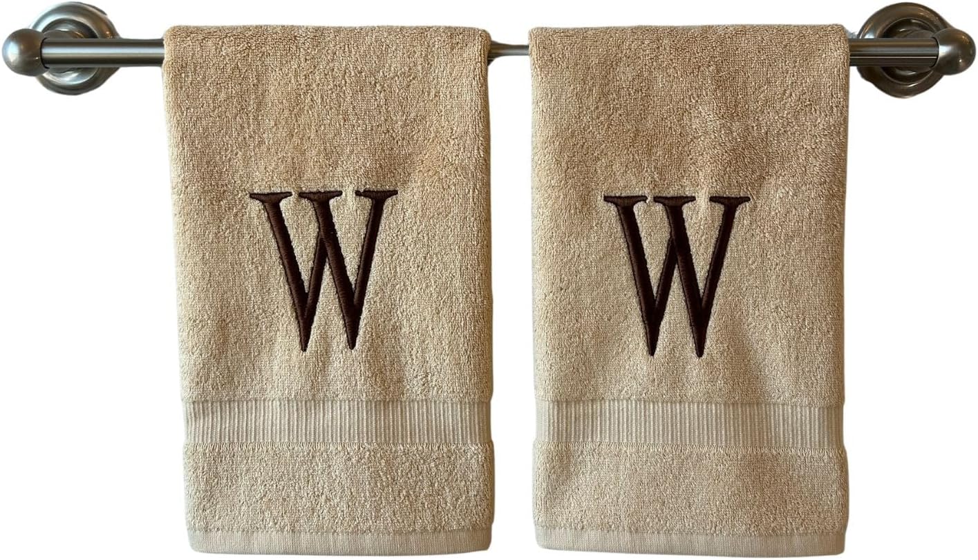 Beige Initial Hand Towel for Bathroom - Monogrammed Luxury Hotel Quality Decorative Embroidered Towel for Powder Room, Spa - GOTS Organic Certified - Set of 2 Brown Letter W