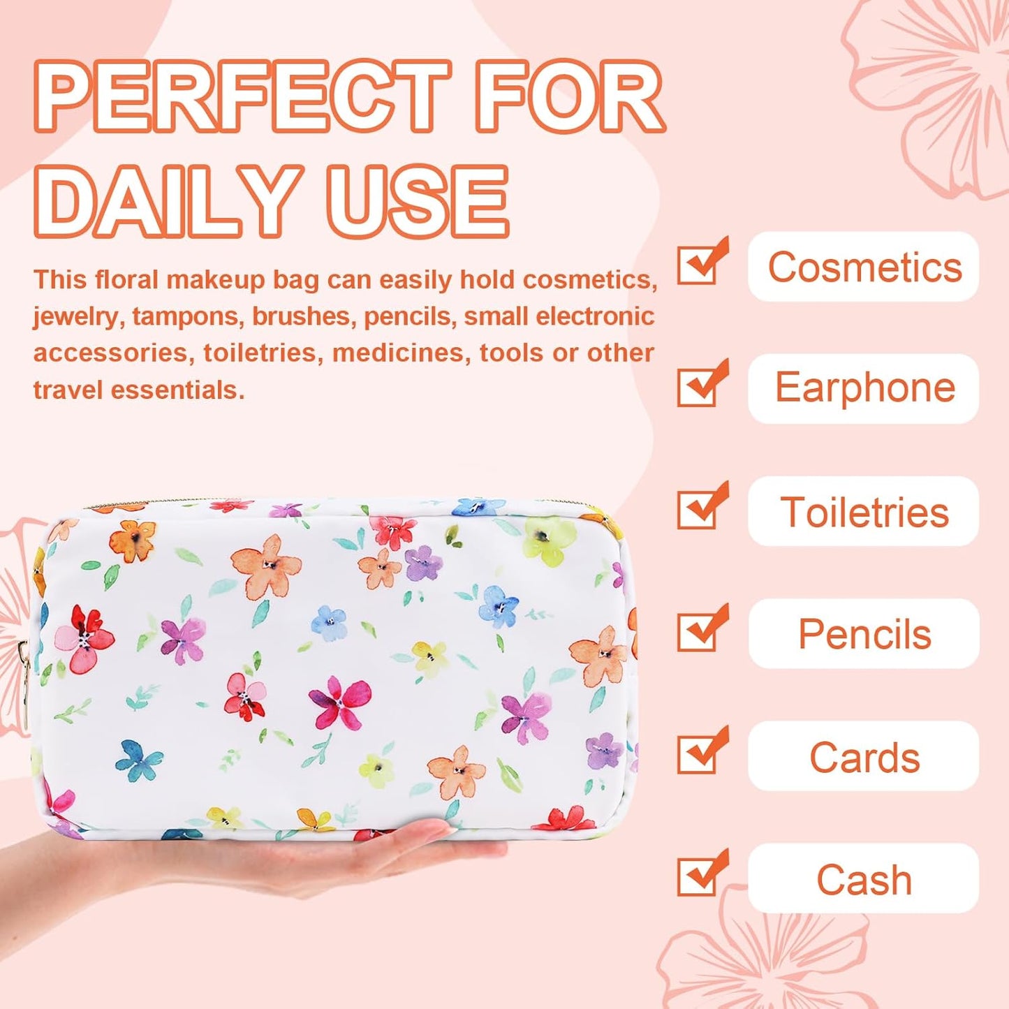 Waterproof Small Floral Makeup Bag Pouch for Purse,Nylon Flower Cosmetic Bag Preppy Travel Toiletry Storage Bag for Women Girl,Cute Makeup Organizer Bag Pouch with Zipper(Small Colorful-Flowers)