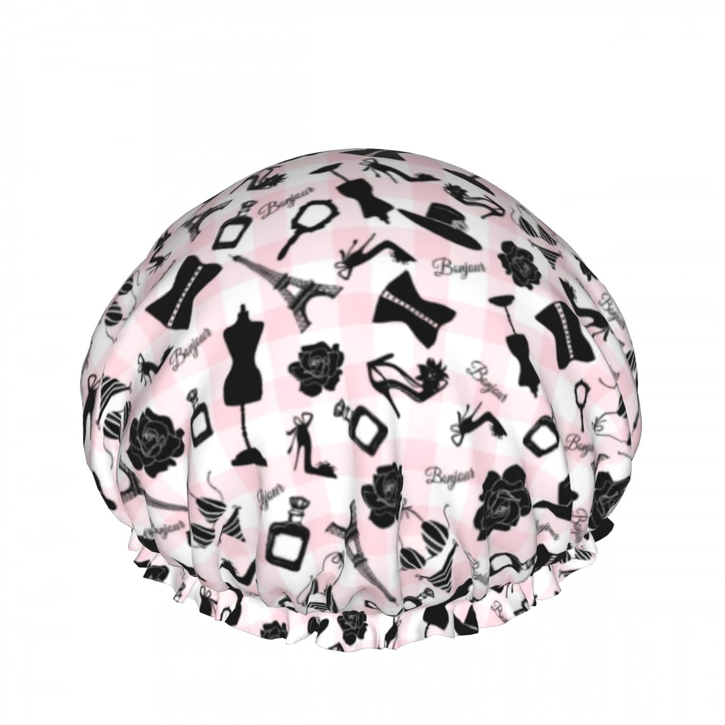 Fashion Pink Checkered Double Layer Waterproof Shower Cap for Women Reusable Bath Cap for All Long Hair Lengths Soft Bath Shower Hat