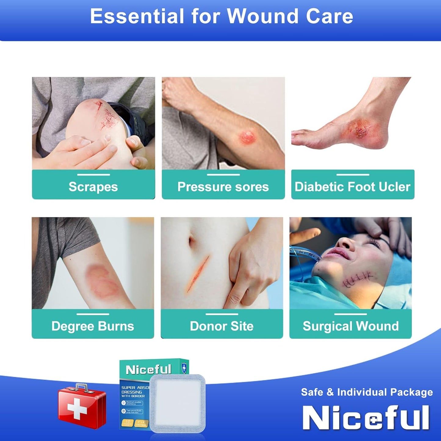 10 Count Super Absorbent Dressing Pads 4"x 4" - Non Stick Gauze Pads for Wound Care, Wound Bandages for Pressure Ulcers, Bedsores & Exudate Management