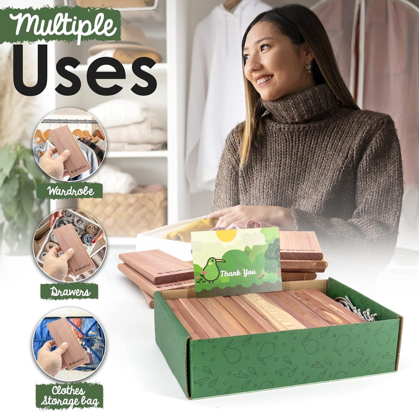 ecoKiwi Cedar Blocks for Clothes Storage - 20 Pack Hang Ups - 100% Natural Aromatic Cedar Planks for Closets and Drawers - Cedar Wood Hangers Balls Chips with Sandpaper - Cedarwood Scented Freshener