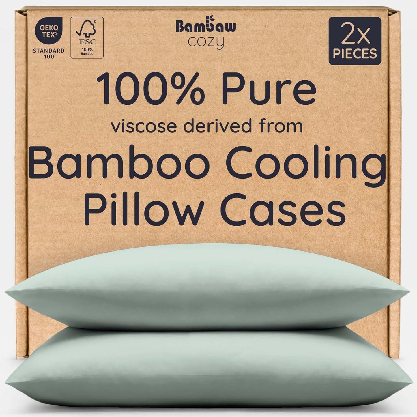 Bambaw 100% Viscose Derived from Bamboo Pillowcases King Size – Set of 2 King Size Cooling Pillow Cases for Ance with Envelope Closure, Breathable, Soft & Luxury Pillow Cases (Sea Glass)
