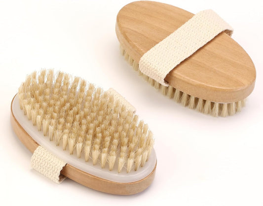 2Pcs Natural Bristle Exfoliating Brush, Body Scrubber for Lymphatic Drainage, Blood Circulation, Wet and Dry Brush, Deep Exfoliation for Smooth Skin