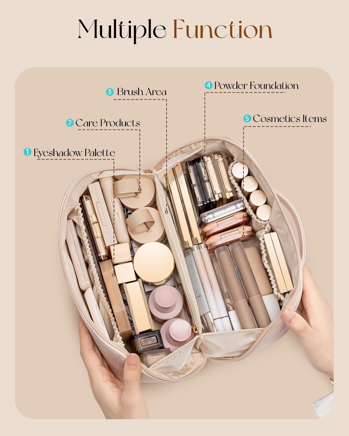 Vlando Makeup Bag,Large Capacity Travel Toiletry Bag,Cosmetic Bags for Women PU Leather Waterproof Portable Pouch with Divider & Handle-Apricot Pink