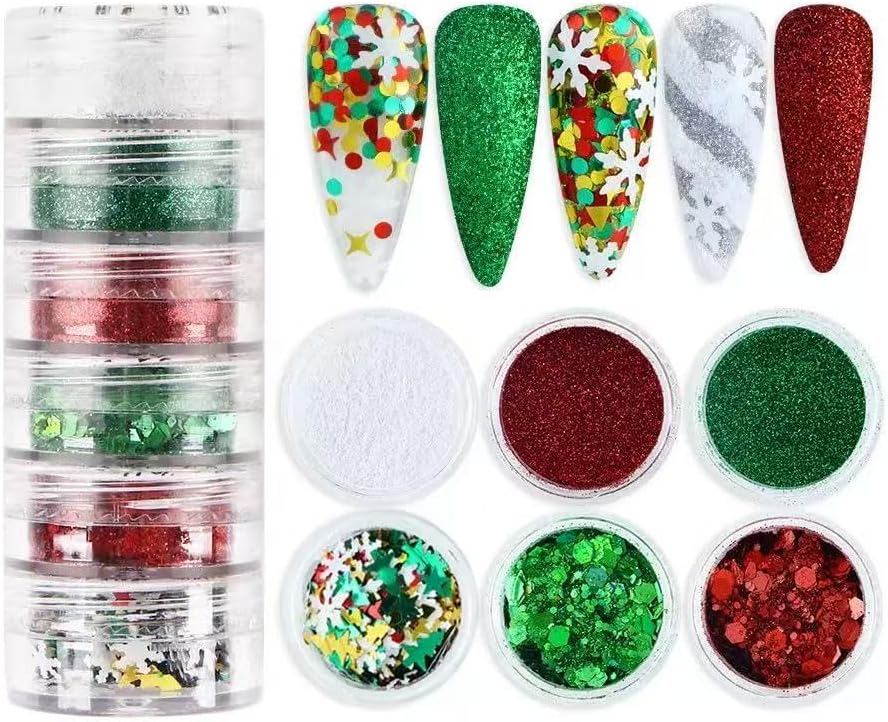 12 Grids Christmas Nail Sequins Glitter Powder 3D Snowflake Xmas Tree Glitter Flake Nail Art Design Winter Nail Supplies Decorations Charms Nails Art Stickers for Women DIY Manicure