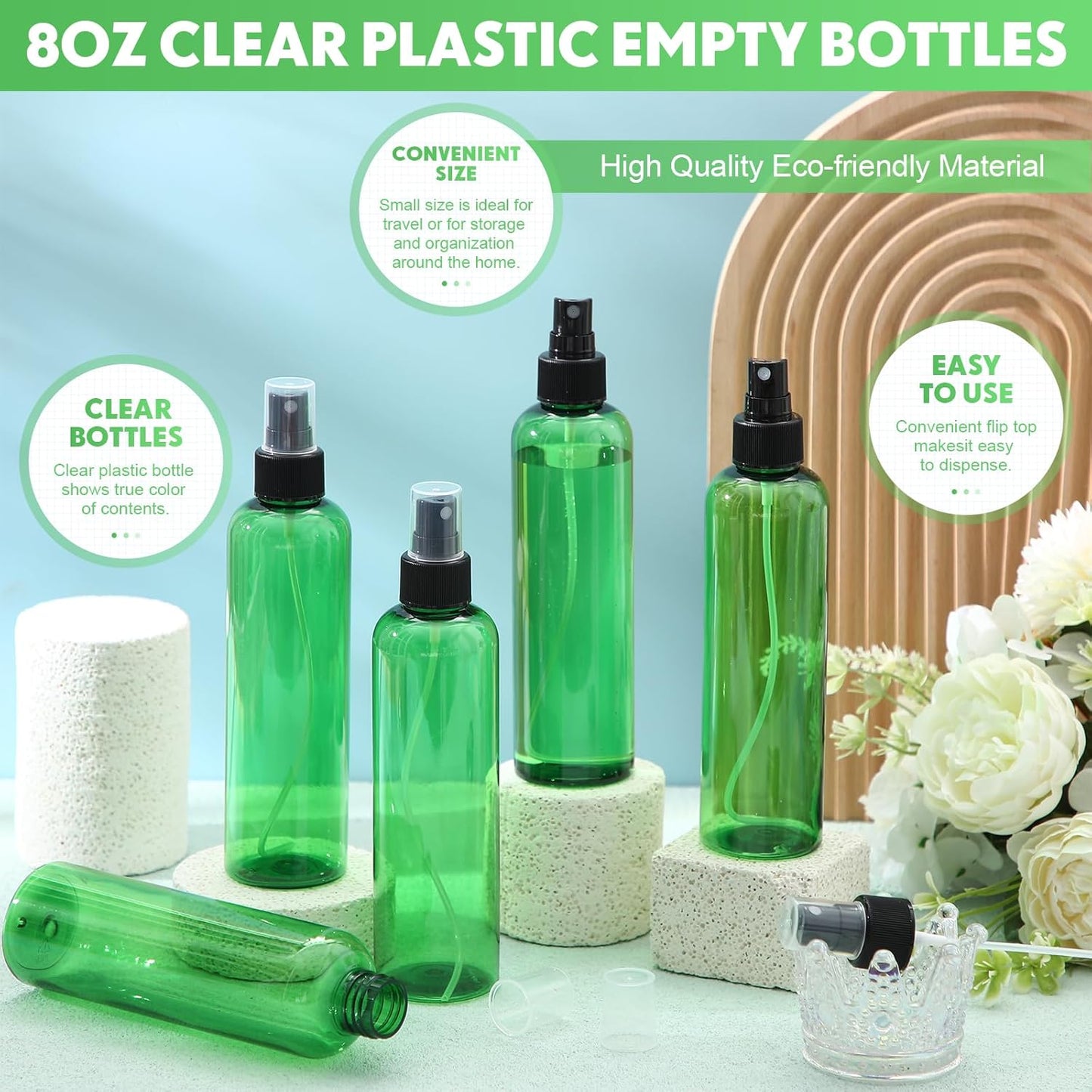 Eccliy 32 Pcs 8 oz Spray Bottles Fine Mist Cleaning Bottles Clear Empty Plastic Travel Sprayer Refillable Sprayer with Cap for Cleaning Solutions Oils Travel Perfumes(Green,Clear)