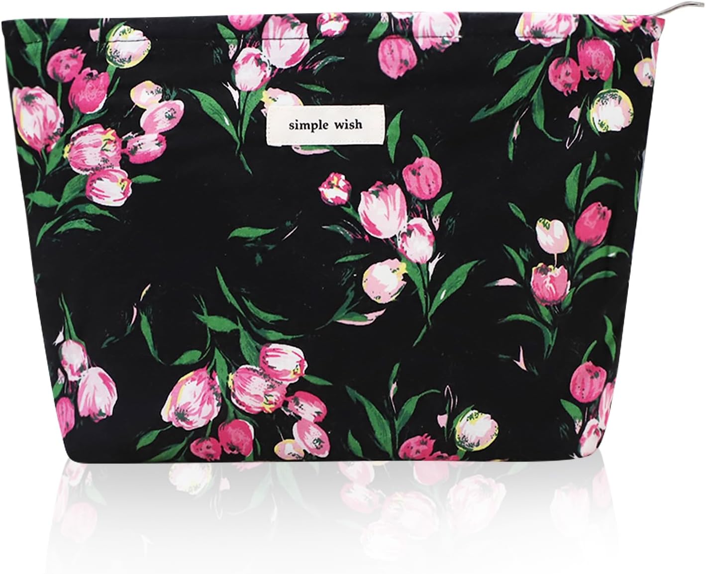 Wudygirl Makeup Bag Aesthetic Makeup Pouch Toiletry Bag Canvas Cosmetic Bag for Women and Girls Large Capacity Travel Makeup Bag Cute Pencil Pouch with Zipper (Black and Red Floral)