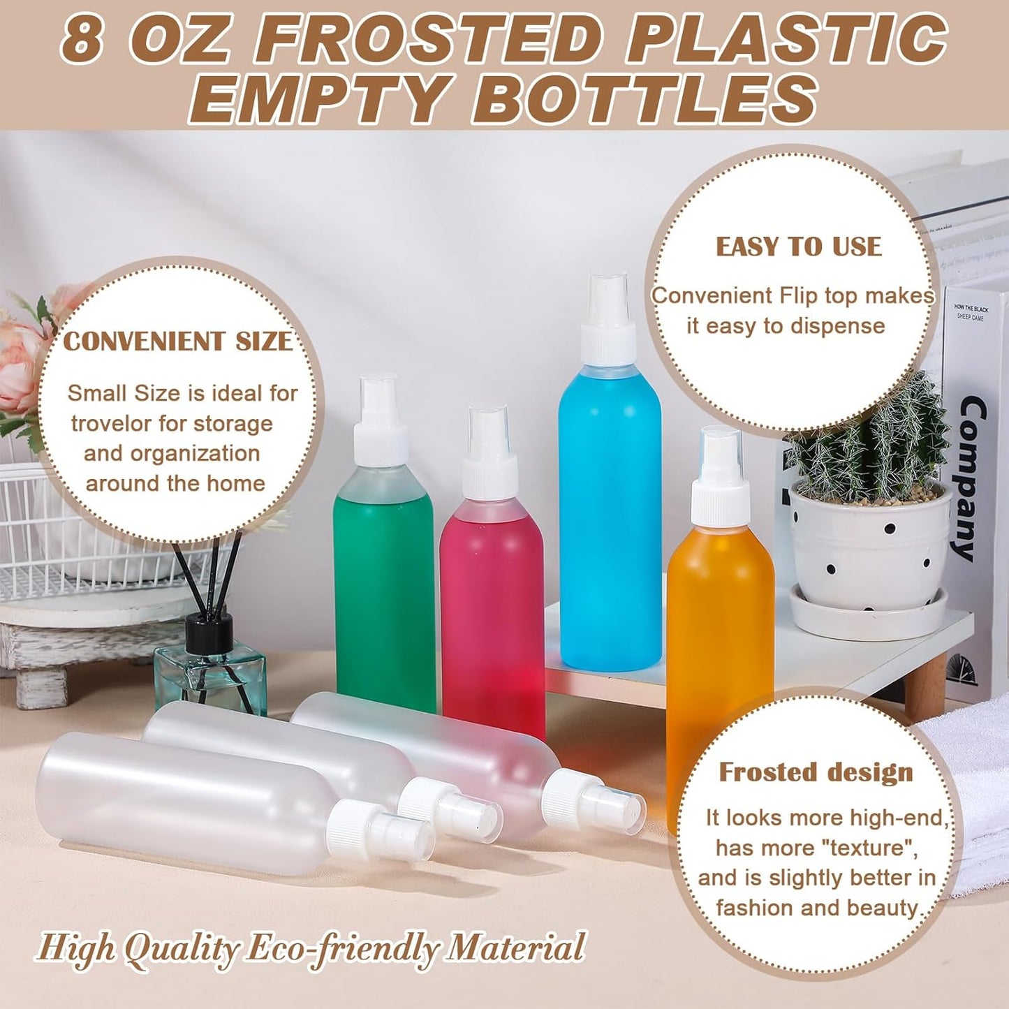 Eccliy 32 Pcs 8 oz Spray Bottles Fine Mist Cleaning Bottles Clear Empty Plastic Travel Sprayer Refillable Sprayer with Cap for Cleaning Solutions Oils Travel Perfumes(Clear,White,Frosted)