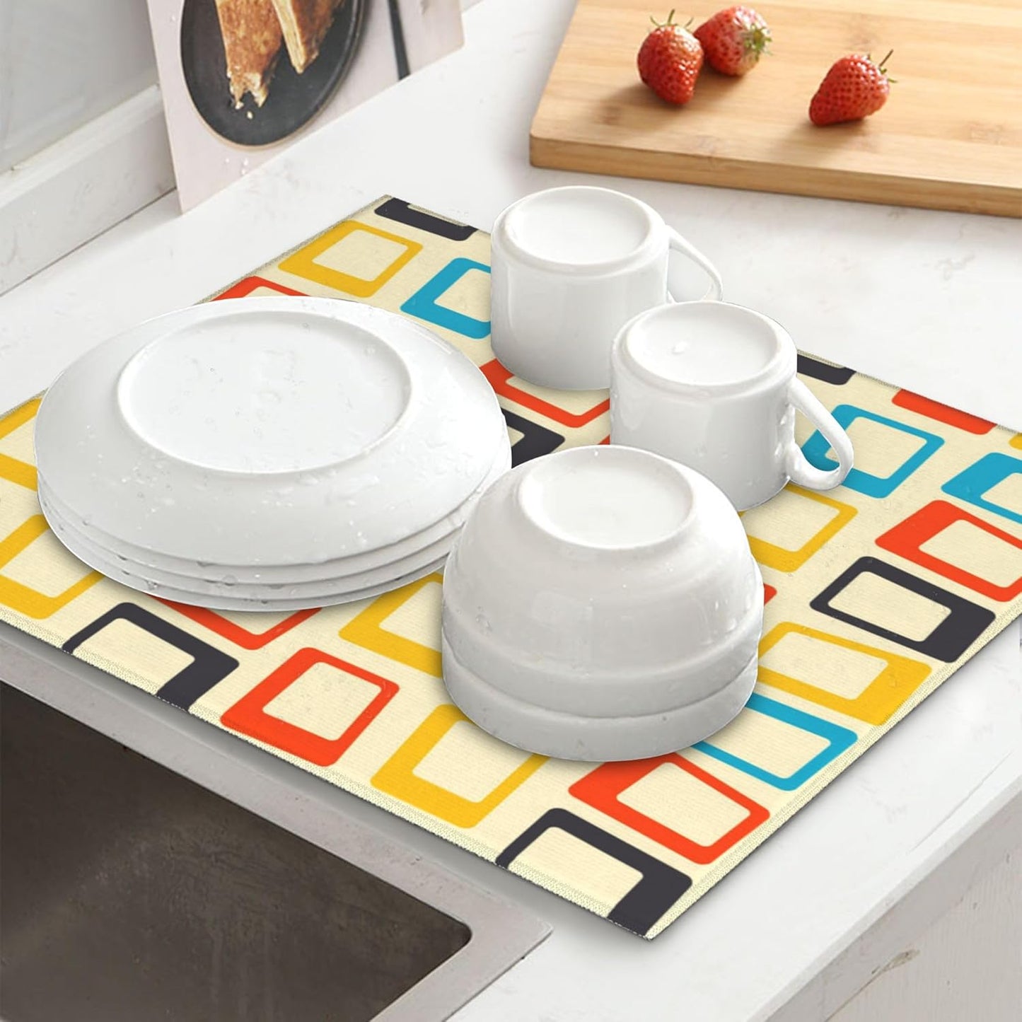 Mid Century Modern Dish Drying Mat for Kitchen Counter Washable Absorbent Reversible Microfiber Retro Drying Pad Kitchen Accessories 16x18 Inch