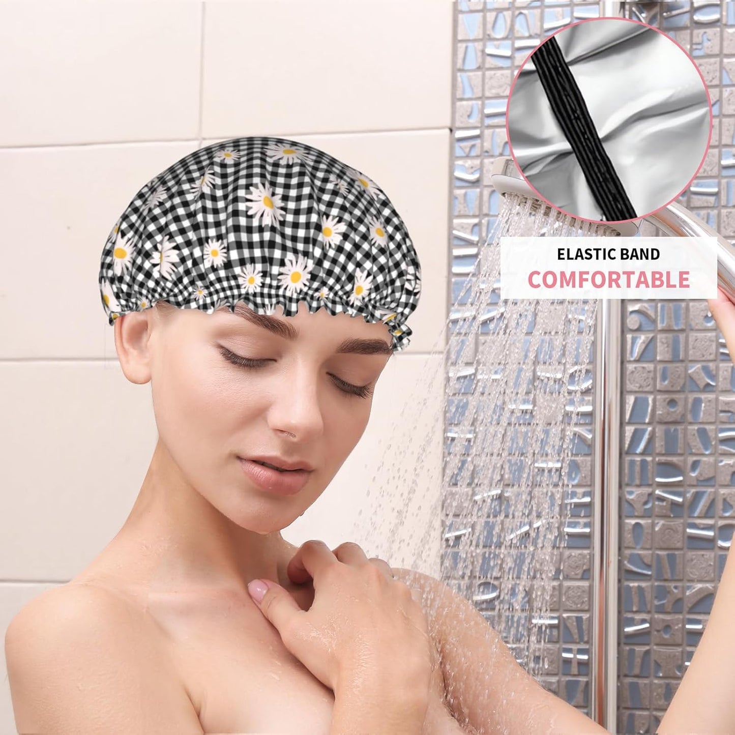 Daisy Shower Caps Black Checkered Dual-Layer Waterproof Bath Hat Flower Reusable Hair Caps Elastic Hair Hat for Shower Cooking Clean Makeup Travel