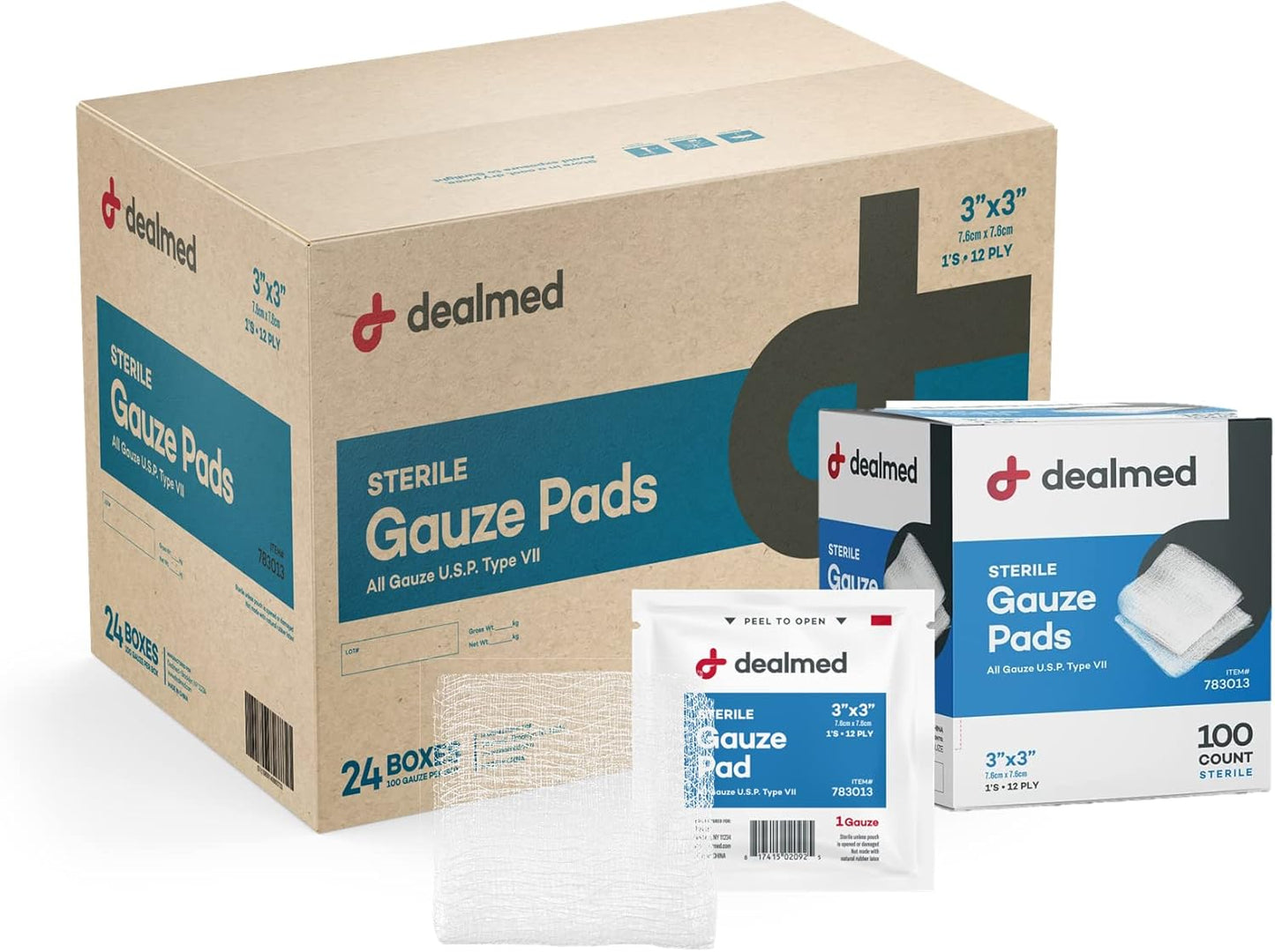 Dealmed 3’’ x 3’’ Sterile Gauze Pads (100 Count) Disposable and Individually Wrapped Medical Gauze Pads, Wound Care Product for First Aid Kit and Medical Facilities (Case of 24)