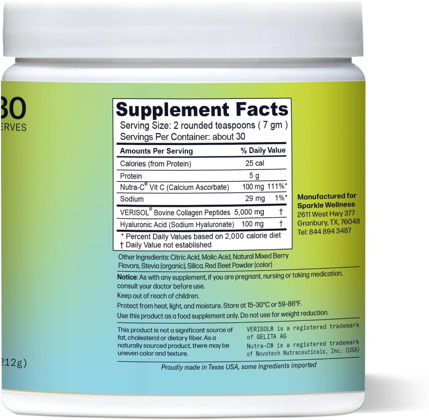 Sparkle Wellness VERISOL Bioactive Hydrolyzed Collagen Peptides | Collagen Powder with Vitamin C & Hyaluronic Acid for Hair, Skin, and Nail Health | Skin Boost Plus (Mixed Berry) [30-Serves]