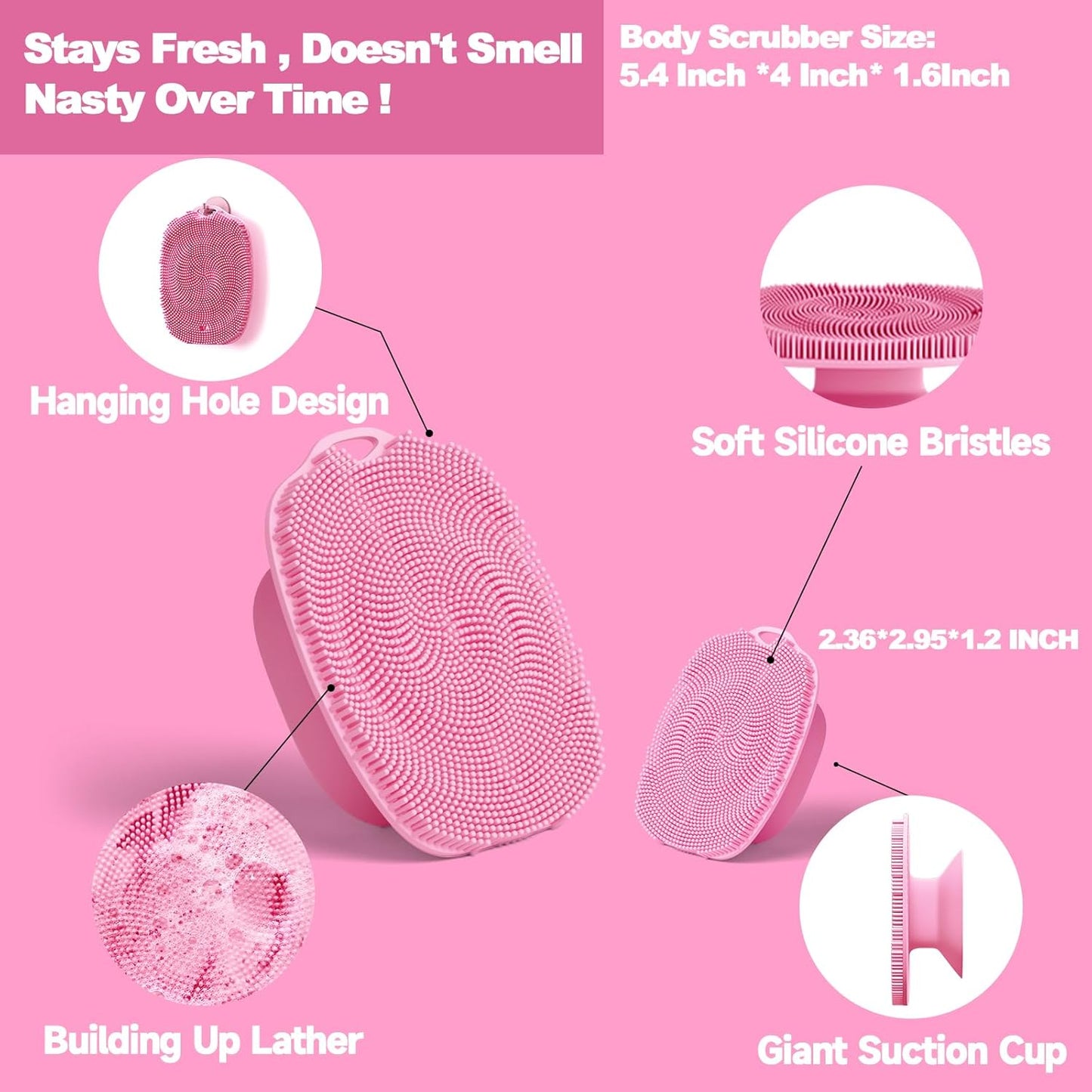 Soft Silicone Body Scrubber, Gentle Like a Hand Exfoliating Your Skin and Build Up Lather, Back Large Suction Cup Easy to Store, & Deep Clean (Body Scrubber + Face Scrubber Pink)