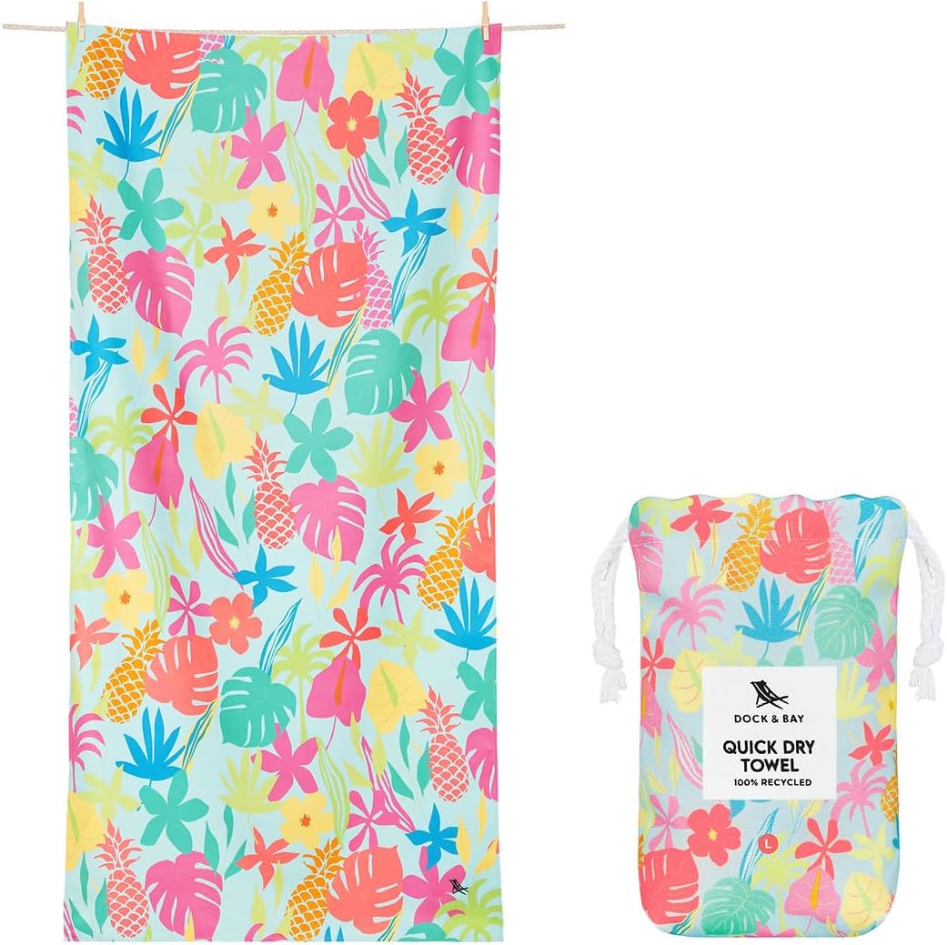 Dock & Bay Beach Towel - Quick Dry, Sand Free - Compact, Lightweight - 100% Recycled - Includes Bag - Aloha Glow - Extra Large (200x90cm, 78x35)