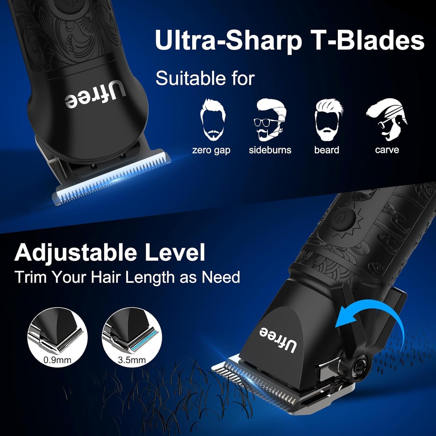 Ufree Beard Trimmer, Hair Clippers Mens Shaver Electric Razor, Hair Trimmer for Men Cordless Barber Clippers and Trimmers Set, Hair Cutting Kit for Men Grooming Gifts, Black