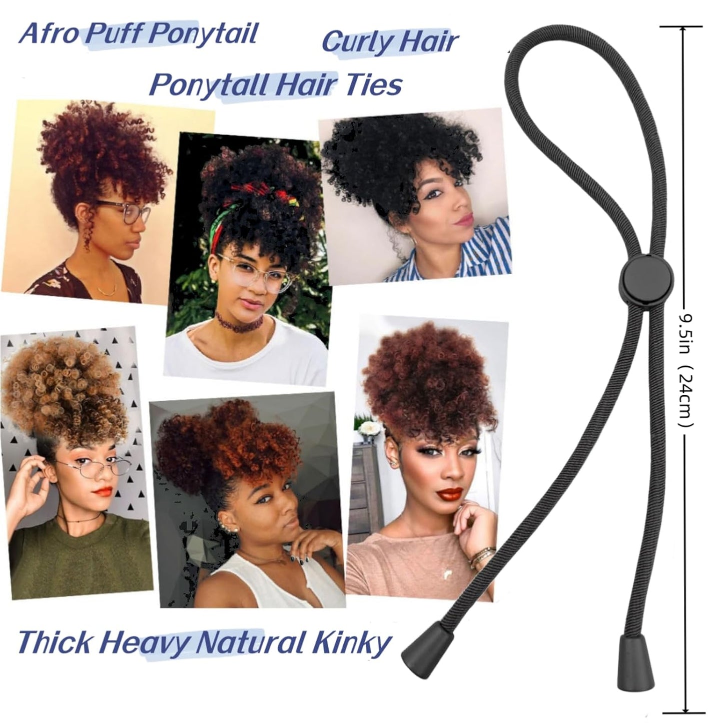 Adjustable Hair Ties for Thick, Curly Hairstyles - Afro Puffs, Ponytails, Locs, Pineapples for Black Women and Girls (Pack of 6)