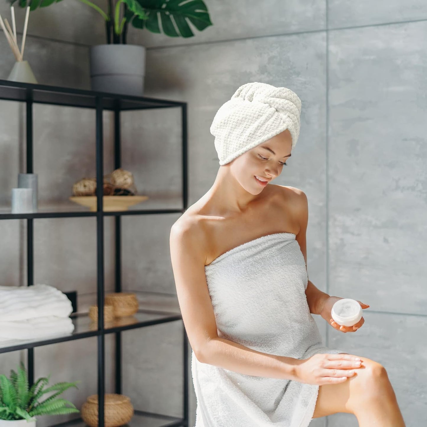 2 Pack Microfiber Hair Towel Wrap for Women, Anti Frizz Quick Drying Hair Turban for All Hair Style, Absorbent and Lightweight (Ivory)