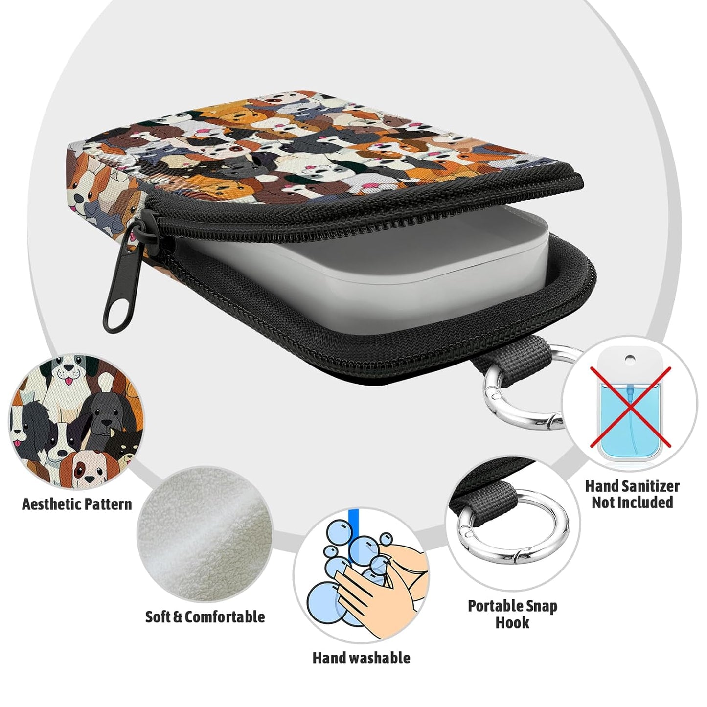 Dogs Hand Sanitizer Spray Case, Cute Hand Sanitizer Holder Zippered Pouch, Fashion Accessory with Snap Hook for Glow Mist and Power Mist 1FL OZ