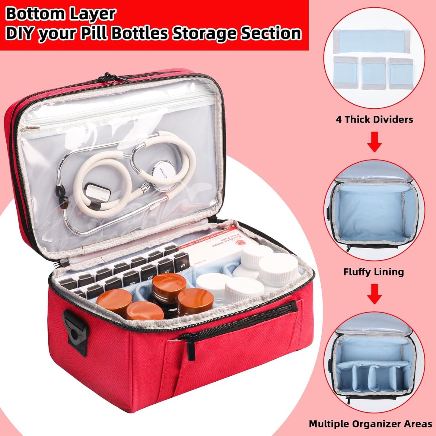 Medicine Bag for Traveling with Portable Small Pouch, Double Layer Pill Bottle Organizer Storage Case with Lockable Zippers, Carrying Medication Travel Case with Shoulder Strap (Bag ONLY), Red