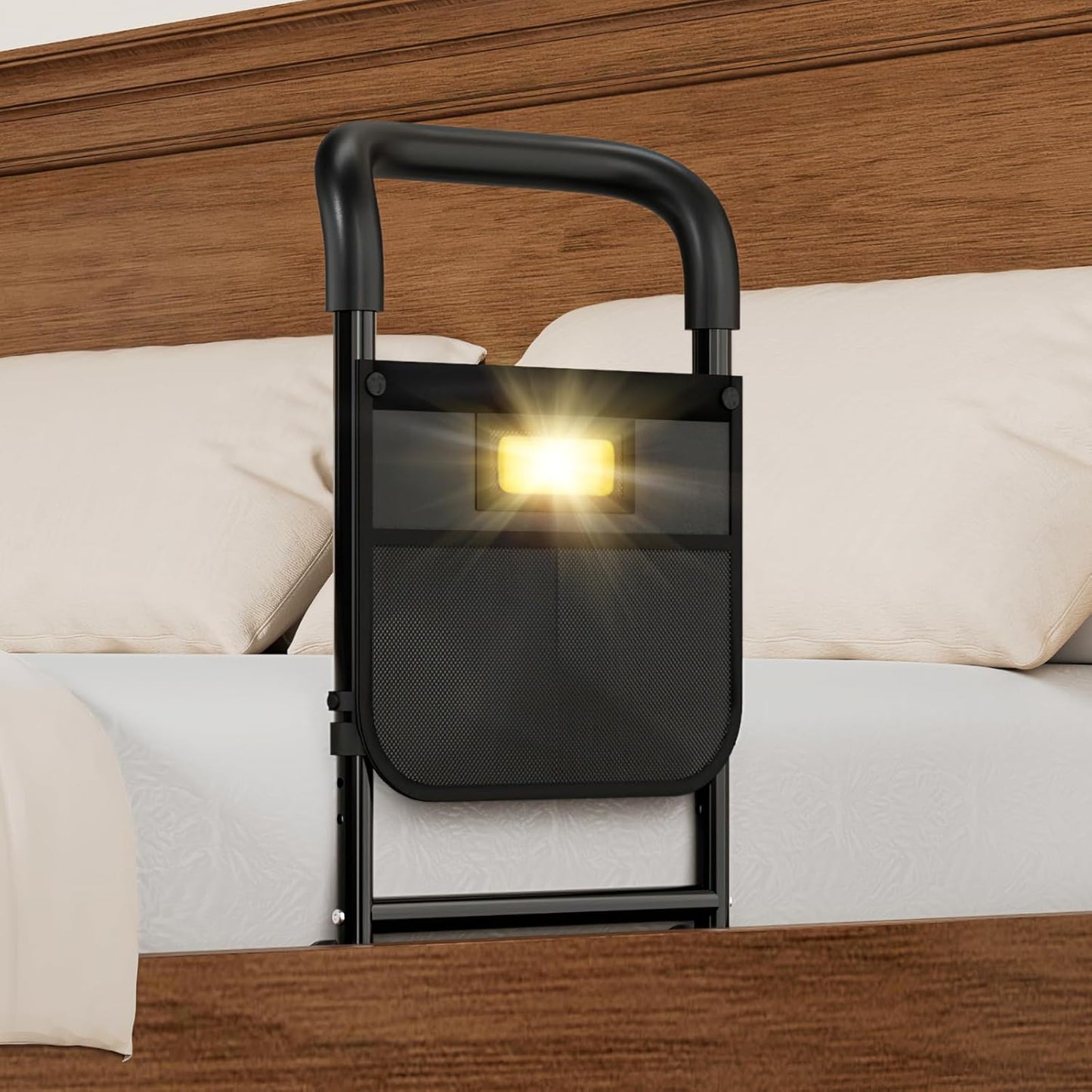 Bed Rails for Elderly Adults Safety, 350lbs Heavy Duty Bedside Assist Rail with Motion Light, Bed Safety Cane with Storage Pocket & Fixing Strap, Fit King/Queen/Full/Twin & Adjustable Bed (Black)