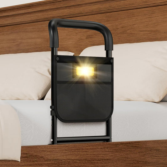 Bed Rails for Elderly Adults Safety, 350lbs Heavy Duty Bedside Assist Rail with Motion Light, Bed Safety Cane with Storage Pocket & Fixing Strap, Fit King/Queen/Full/Twin & Adjustable Bed (Black)