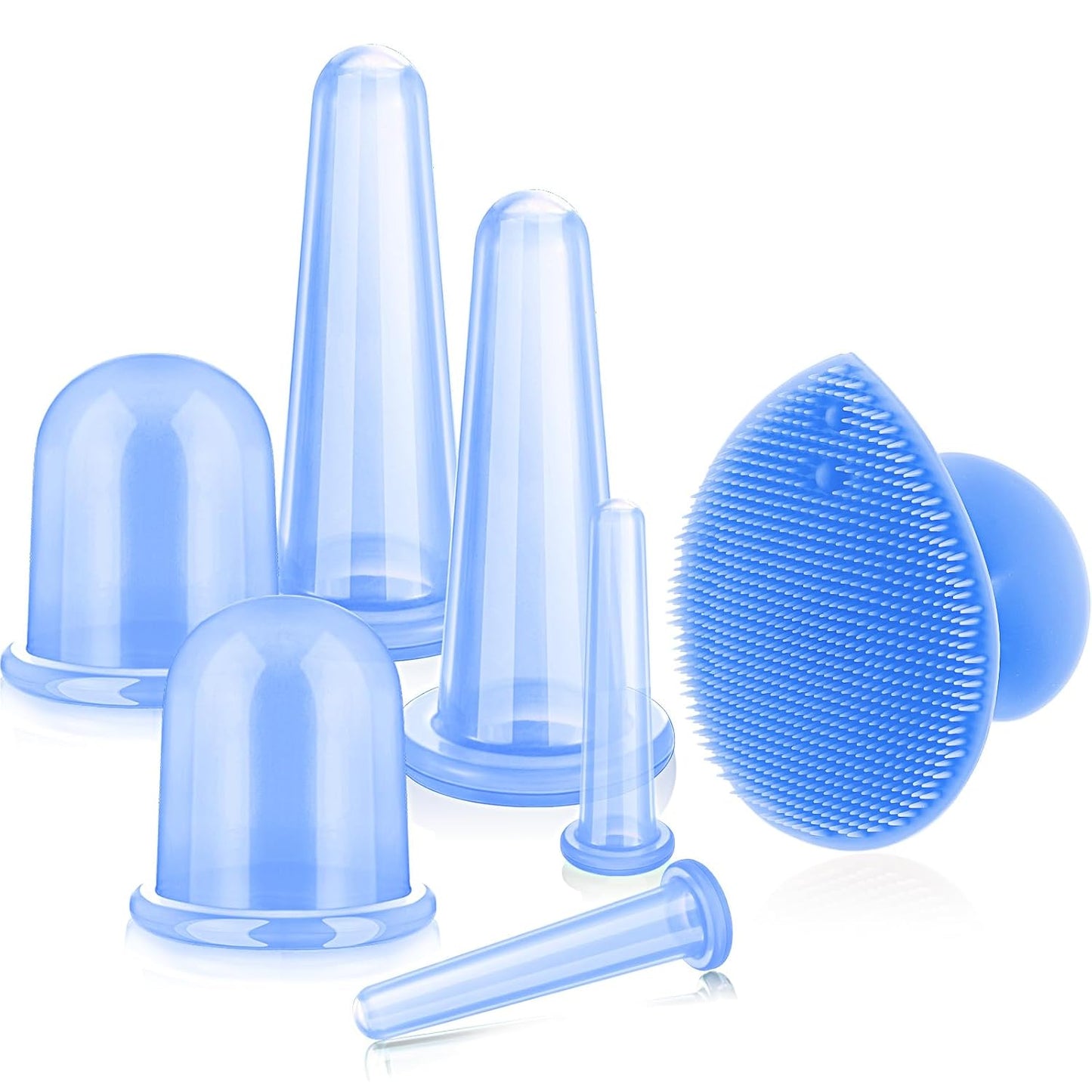 BBTO Silicone Facial Cupping Set, Vacuum Massage Cup Kit for Body, Face, Neck, Back, and Eye, 6 Cups and Exfoliating Brush(Blue)