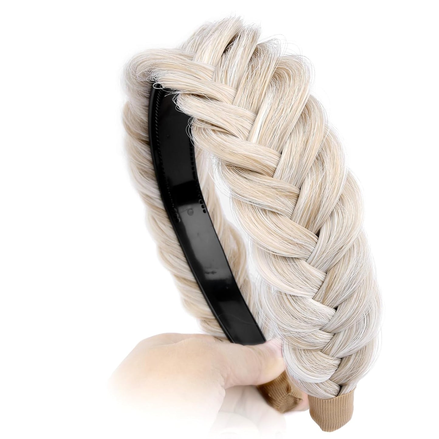 DIGUAN Wide Messy Braided Headband With Teeth Synthetic Hair Plaited Headband High Elasticity Braids Chunky Fishtail Braided Hair Band Hairpiece for Girls Women Beauty Accessory (White Blonde)
