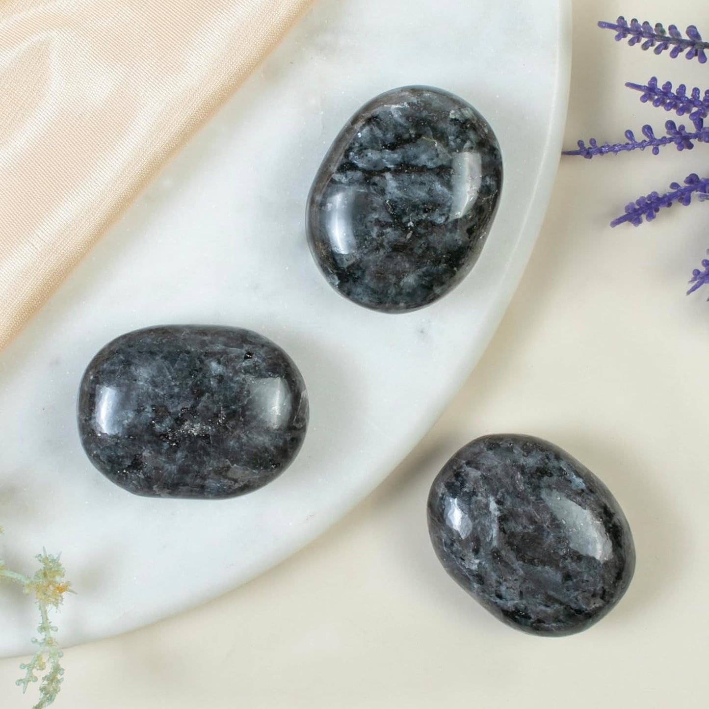 Crocon 50mm Larvikite Palm Large Palm Stone 900+ Carats Pocket Worry Stones for Natural Chakra Balancing Reiki Healing Stones and Crystal Healing Spa Energy Crystals Gifts for Women