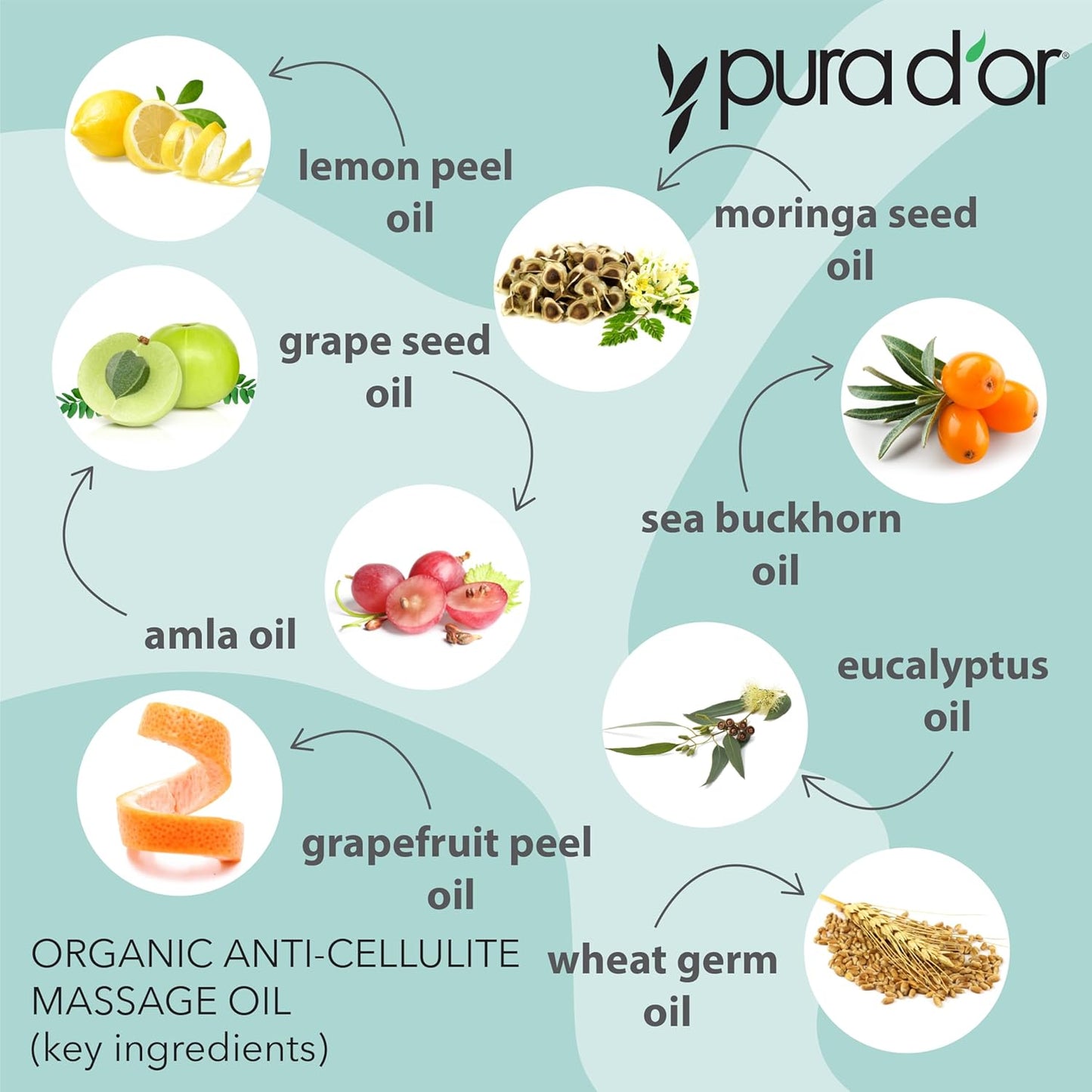 PURA D'OR 16 Oz Organic Anti-Cellulite Massage Oil - Lemon Peel, Moringa, Grape Seed, Grapefruit & Eucalyptus Oils - Skin Firming & Tightening for Active Individuals & Aging Adults