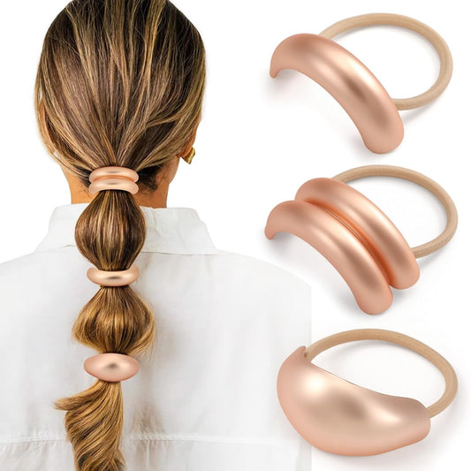 3PCS Pink Gold Hair Ties, Metal Hair Ties for Thick Hair, Elegant Durable Geometric Design Hair Cuffs, Gold Hair Accessories Stretchy Non-Damage Ponytail Cuff Holders Holiday Gifts