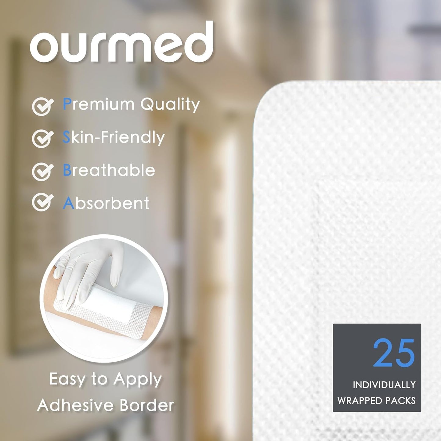 Island Dressing Bordered Gauze 4"x 10"(2"x 8" Absorbent Pad), Pack of 25, Self-Adhesive Sterile Dressing with Highly Absorbent, Latex& Rubber- Free, for Cuts and Scratches