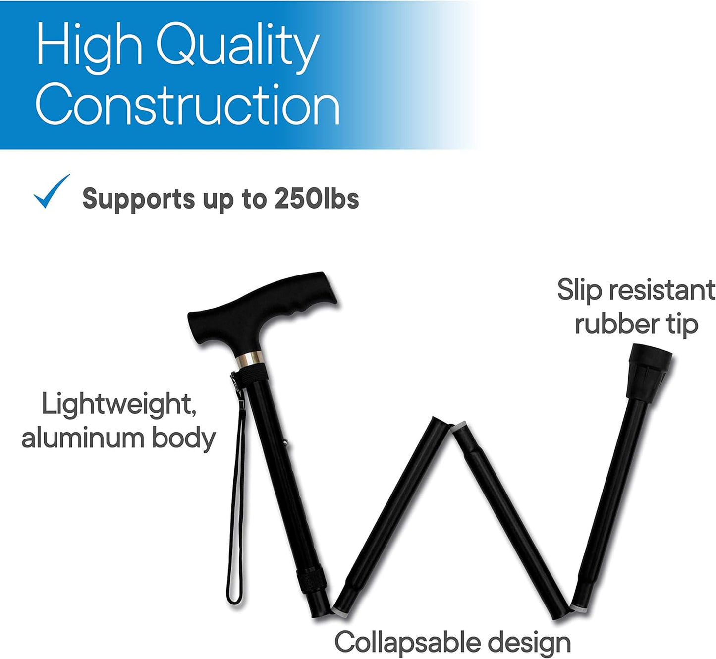 RMS Folding Cane - Foldable Walking Cane with Adjustable Height - Collapsible and Lightweight - Soft Ergonomic Handle for Comfortable Grip - Portable Walking Stick for Mobility Aid