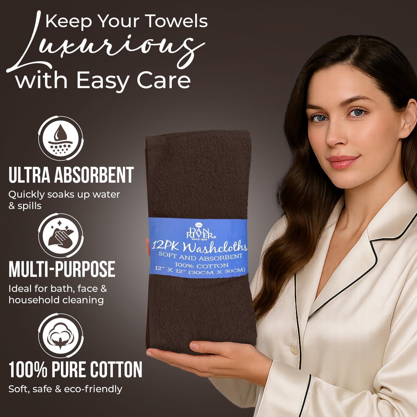 DAN RIVER 100% Cotton Wash Cloths 12 Pack [12x12] Soft & Absorbent washcloths for face, Gym, Hotels & Spa Perfect for Everyday Use Fingertip Towels, Brown